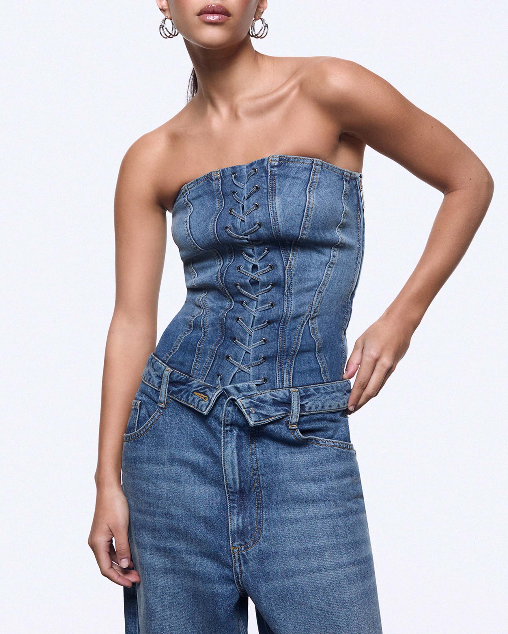 Top bustier Elodie x Liu Jo in denim stretch con dettagli lace-up e chiusura zip laterale image