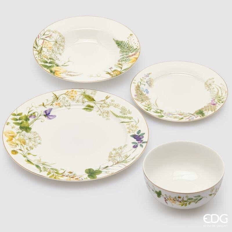 Servizio 24 pz. in Porcellana con Bordo Oro 24K Fiorimix Piatto Piano d.27+ Piatto Fondo d.22 + Piatto Frutta d.19 + Ciotola d.14 Edg