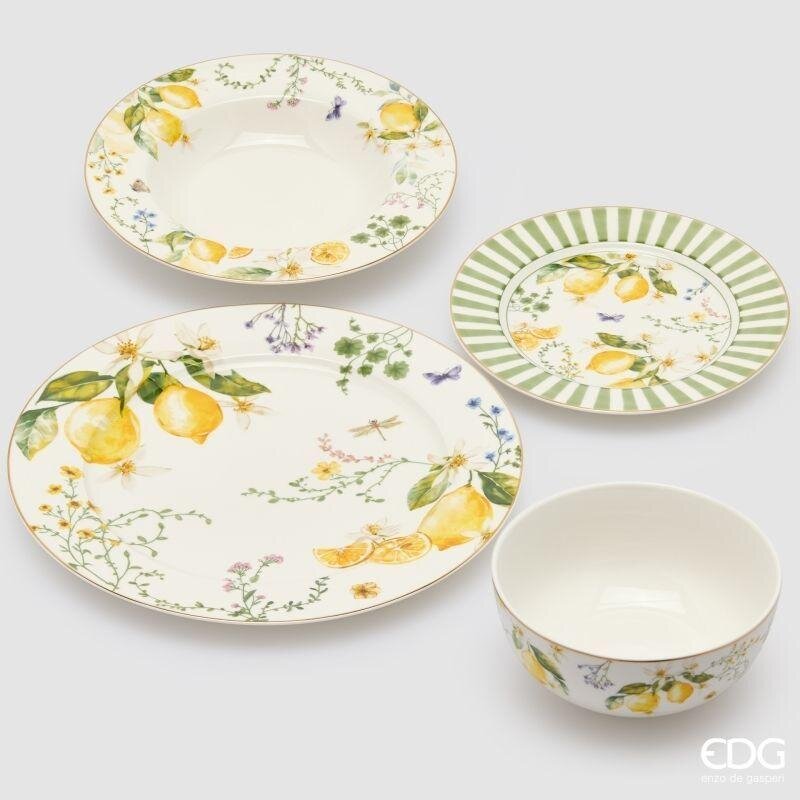 Servizio 24 pz. in Porcellana con Bordo Oro 24K Limoni Piatto Piano d.27+ Piatto Fondo d.22 + Piatto Frutta d.19 + Ciotola d.14 Edg