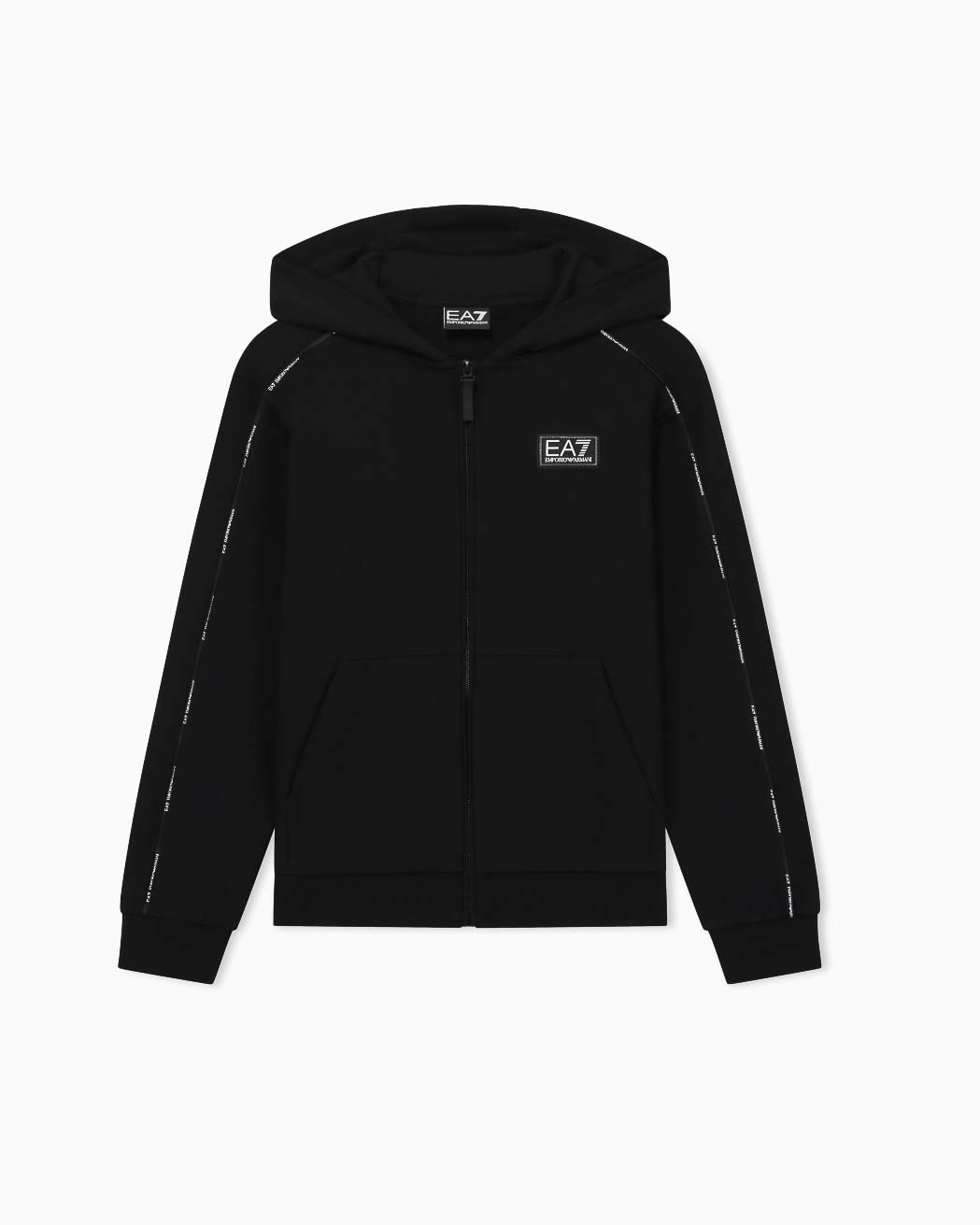 Felpa nera con cappuccio e zip e bande logate
