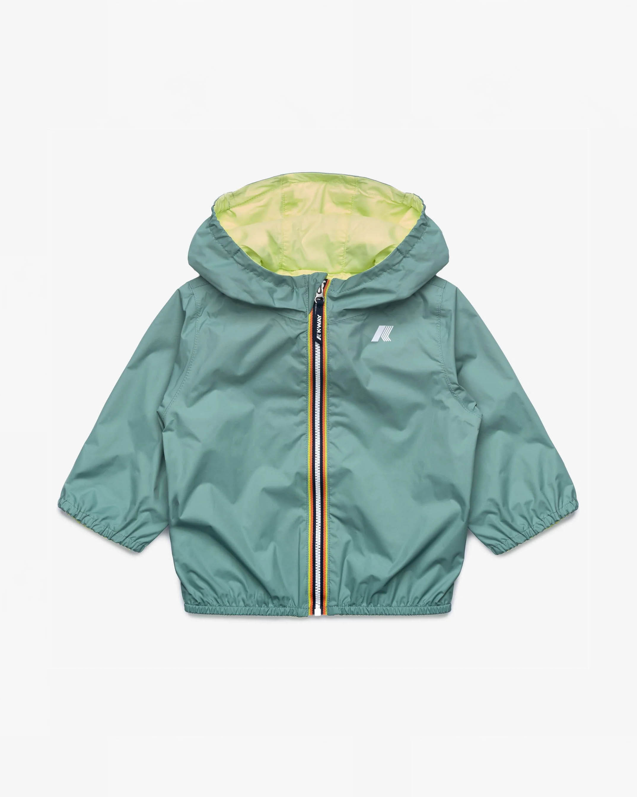 Giubbino K-way in nylon verde salvia reversibile in lime con cappuccio fisso