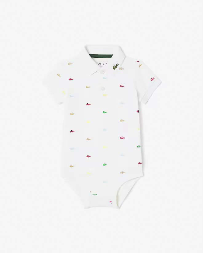 Body Lacoste bianco modello polo in cotone stretch con mini logo icon multicolore all over