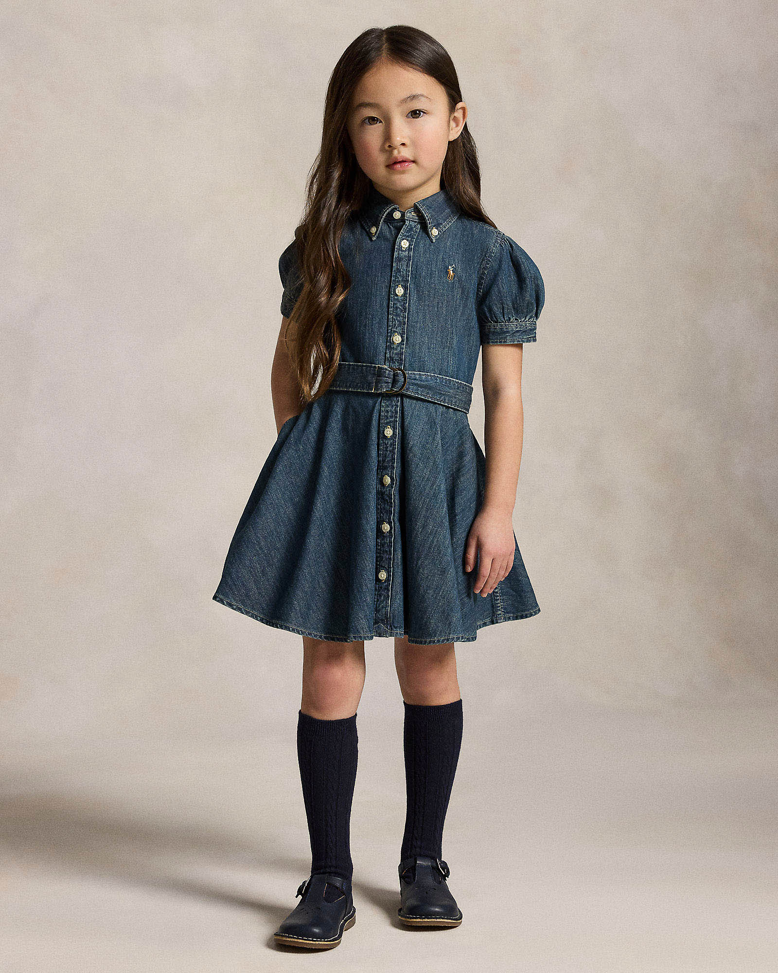 Abito fit and flare Polo in denim stone washed con cintura