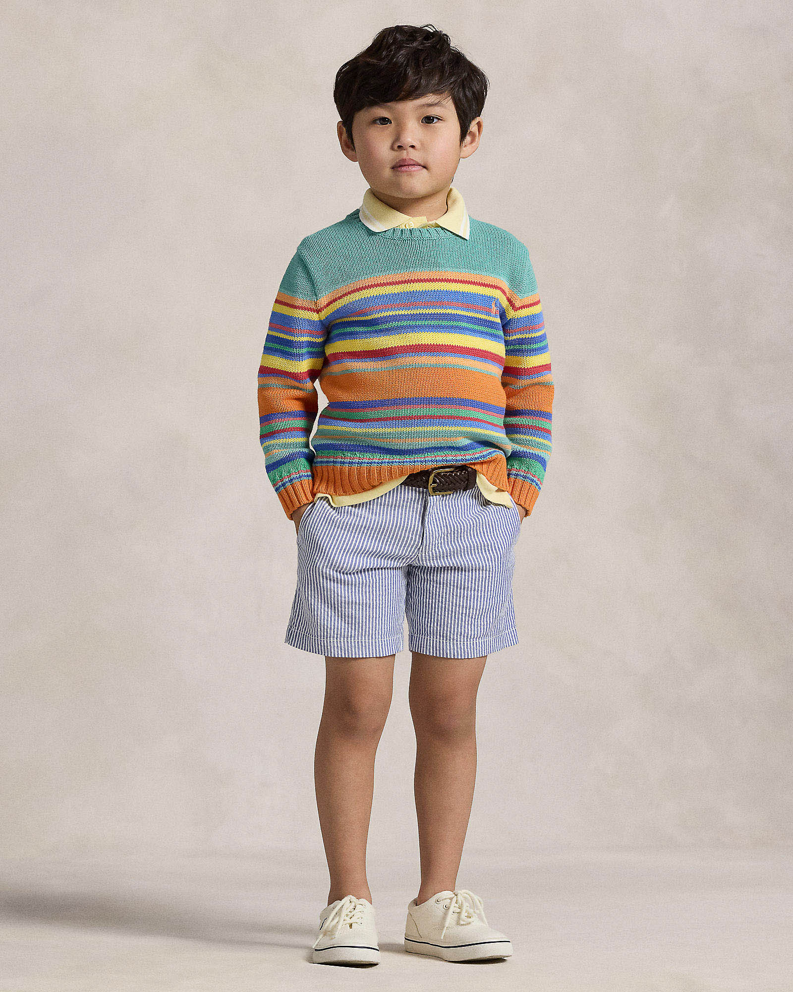 Bermuda Polo Ralph Lauren in tessuto seersucker a righe bianche e azzurre