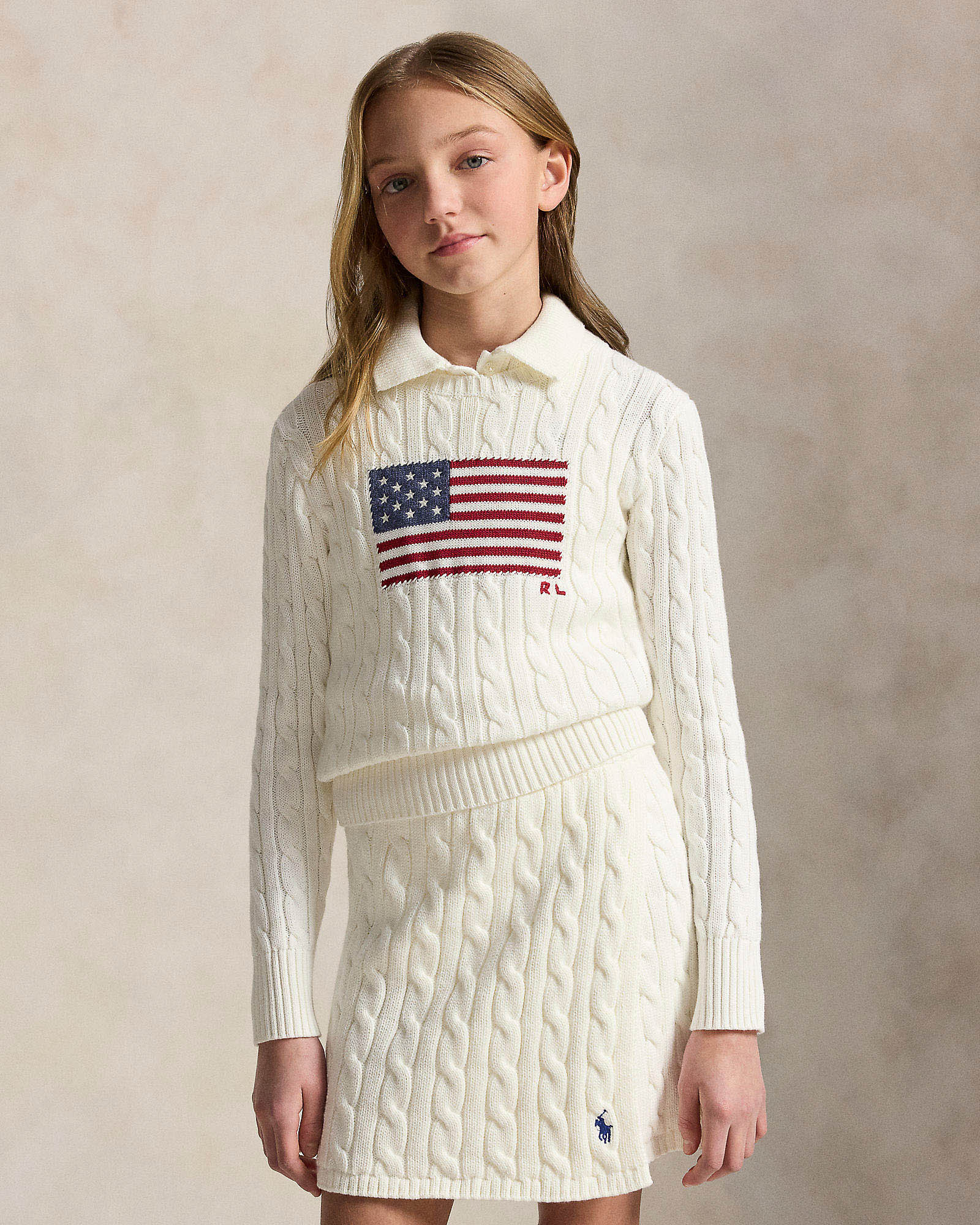 Maglia bianca Polo Ralph Lauren in cotone a trecce con bandiera logo tricot