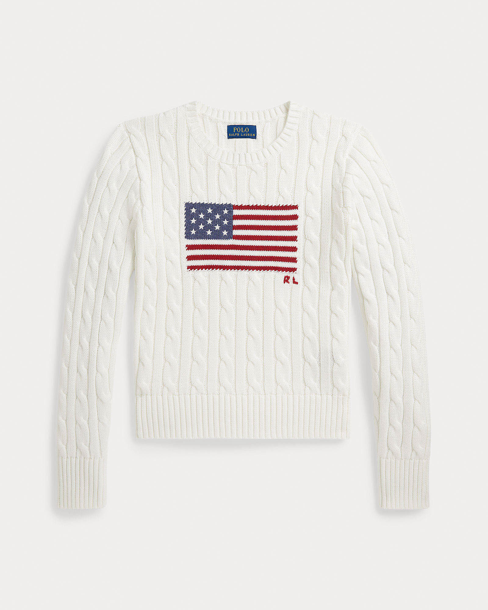 Maglia bianca Polo Ralph Lauren in cotone a trecce con bandiera logo tricot image