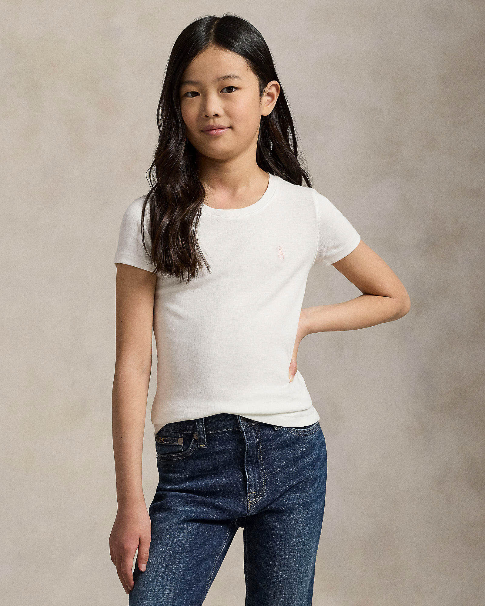 T-shirt Polo bianca mezza manica con logo pony rosa