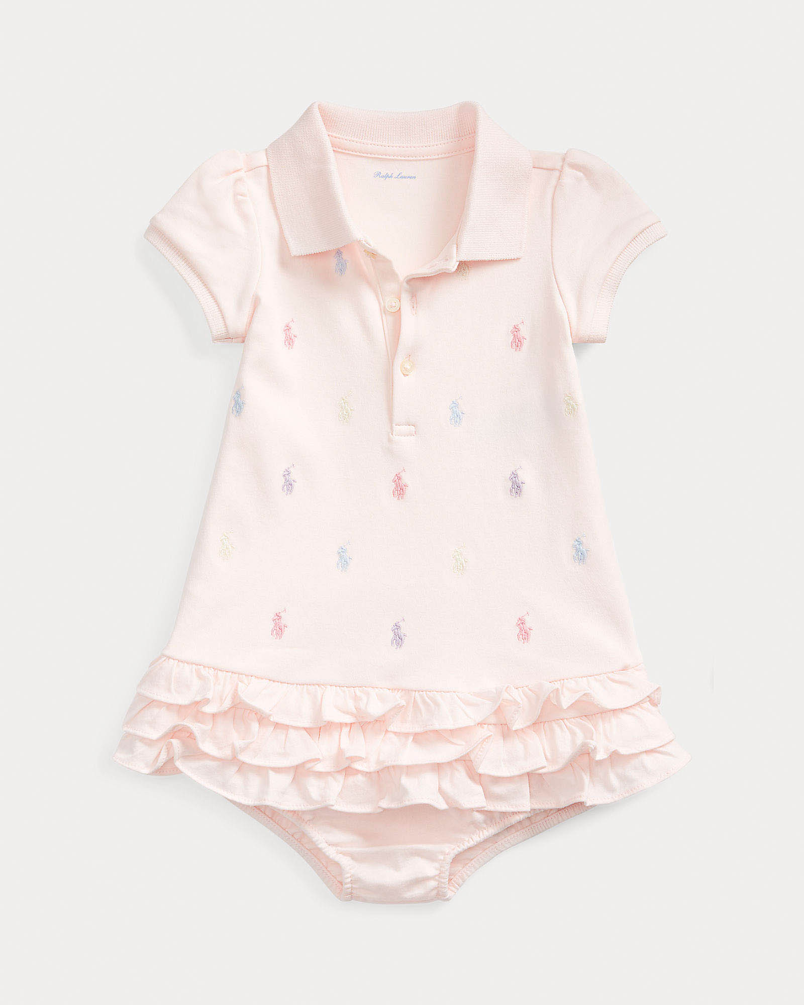 Abito rosa cipria Polo in jersey con rouches e logo pony multicolor ricamato all over