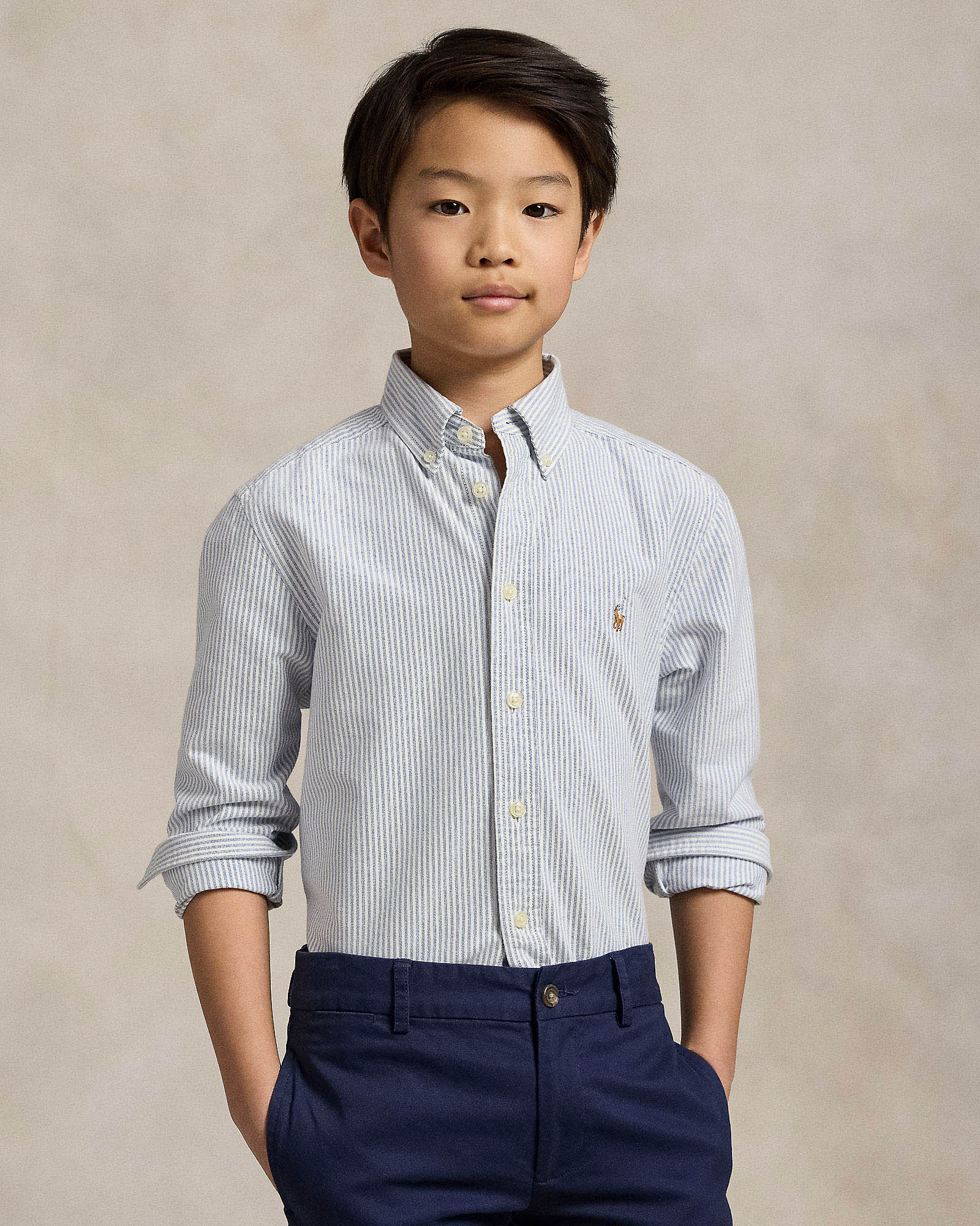 Camicia Polo a righe blu e bianche in puro cotone