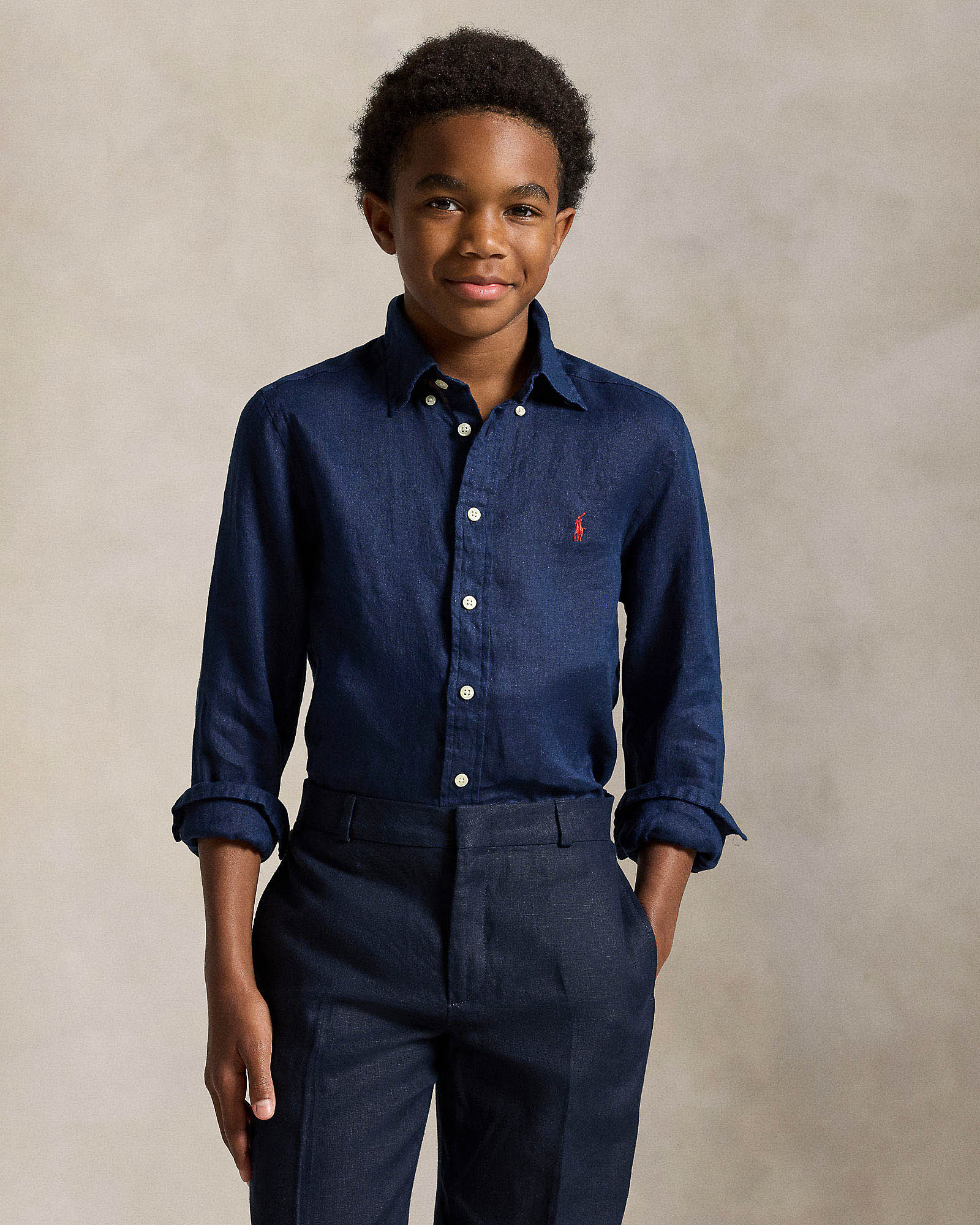 Camicia blu Polo Ralph Lauren modello oxford in puro lino con pony rosso