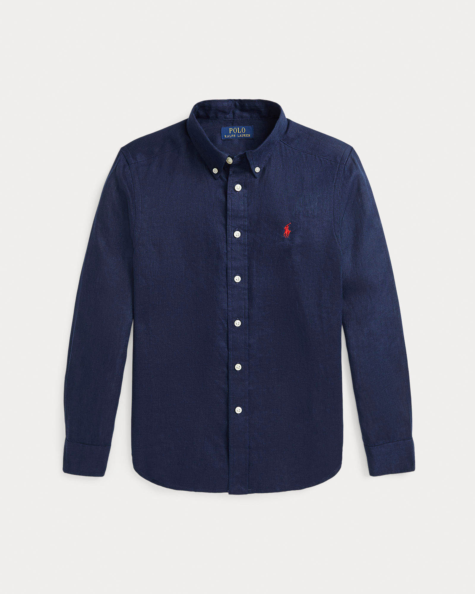Camicia blu Polo Ralph Lauren modello oxford in puro lino con pony rosso image