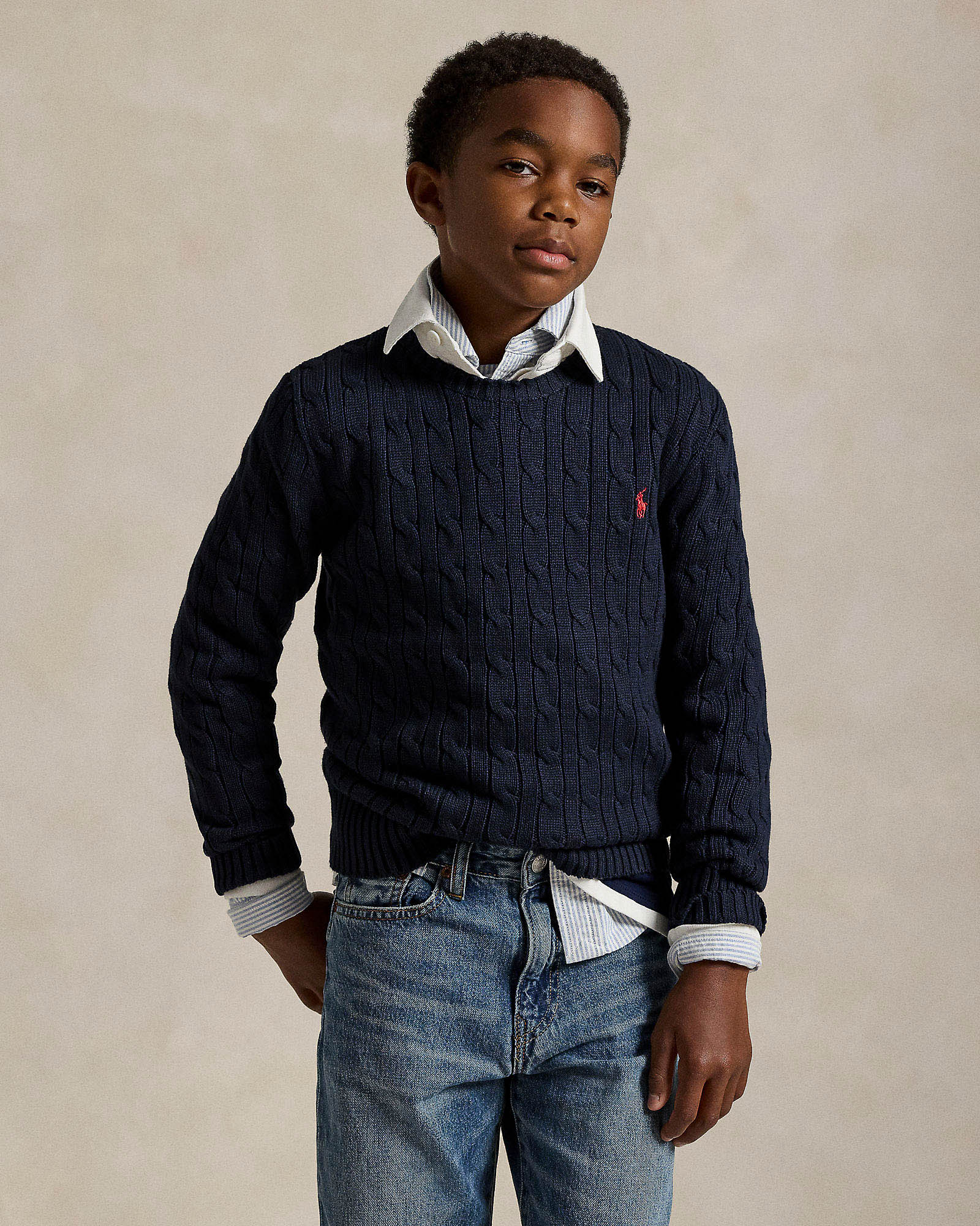 Maglia blu Polo in cotone a trecce e logo pony rosso