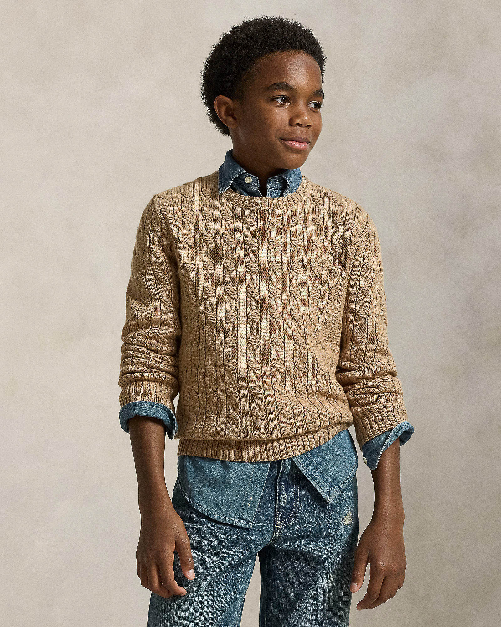 Maglia color cammello Polo Ralph Lauren in cotone a trecce e logo pony in tono