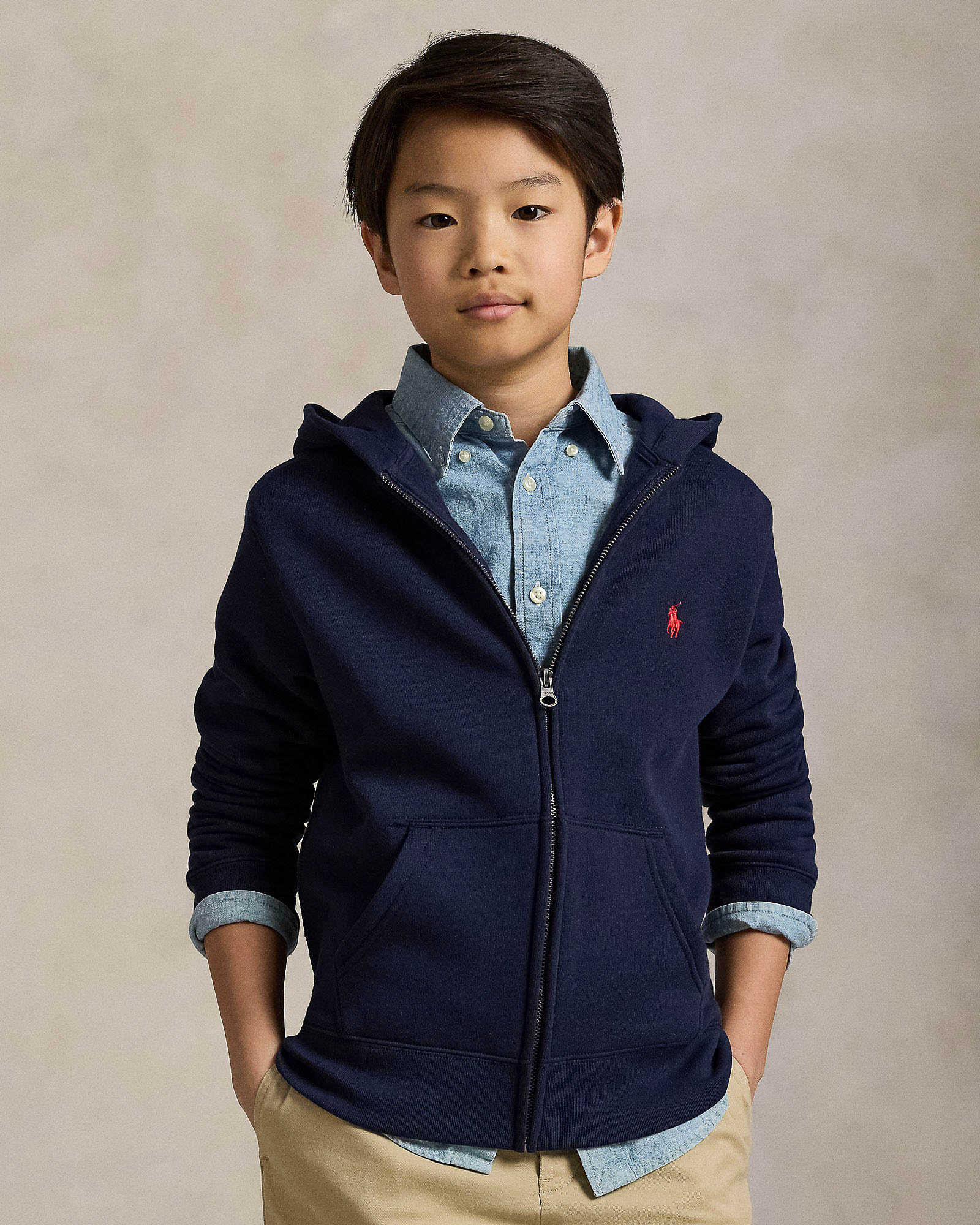 Felpa blu Polo in misto cotone con zip e cappuccio