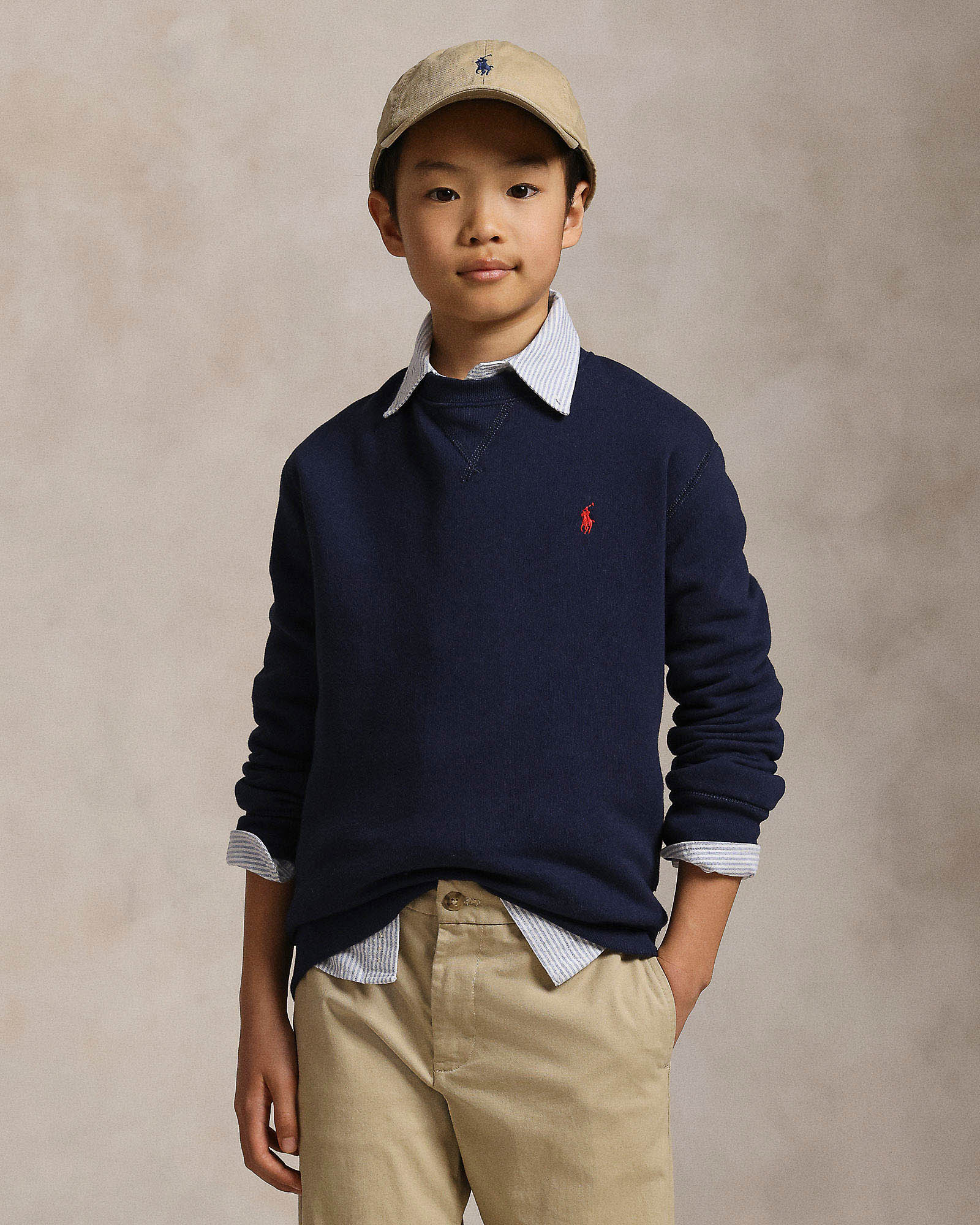 Felpa Polo blu girocollo in cotone con logo pony rosso