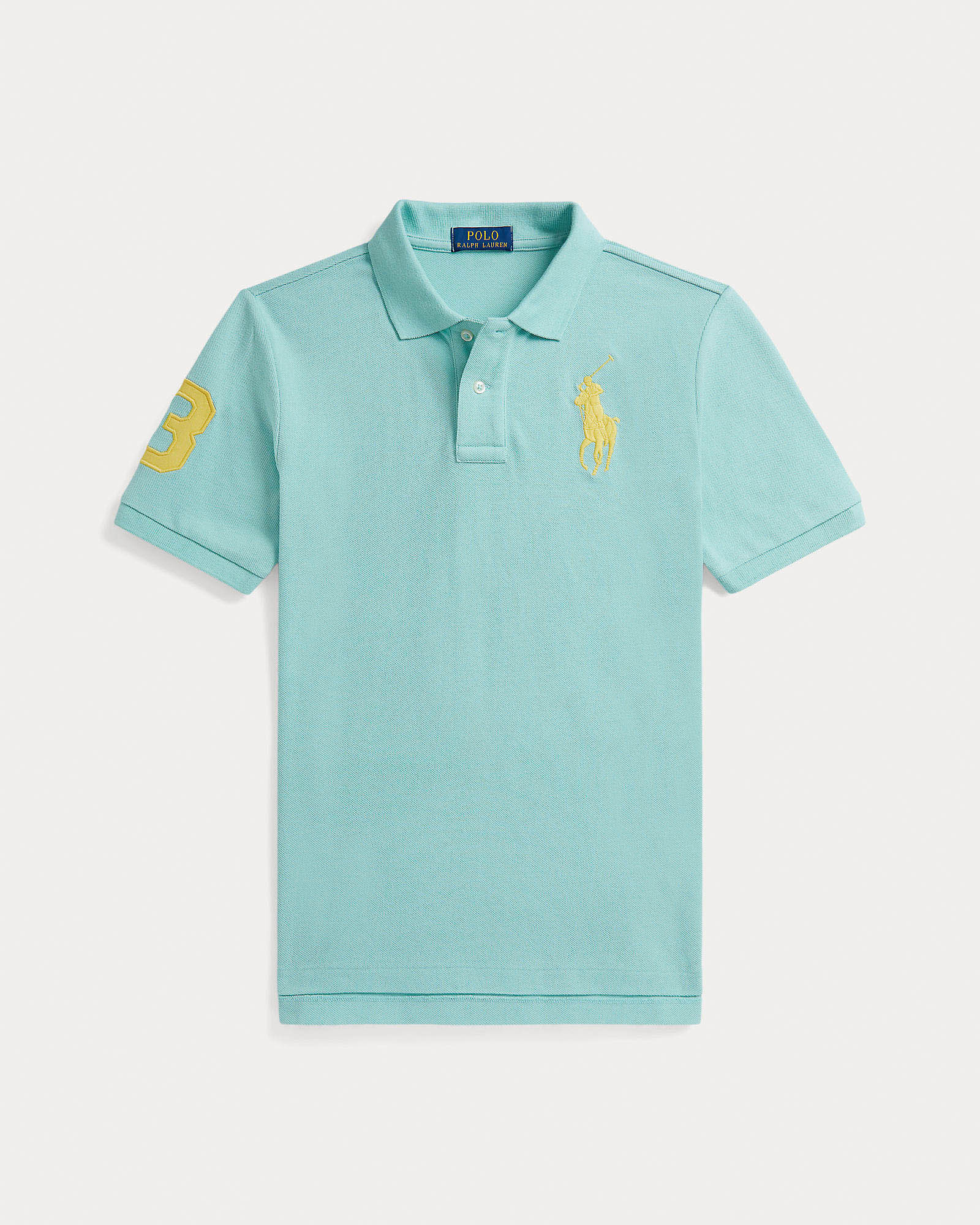 Polo verde acqua Ralph Lauren a maniche corte in cotone con maxi logo pony giallo