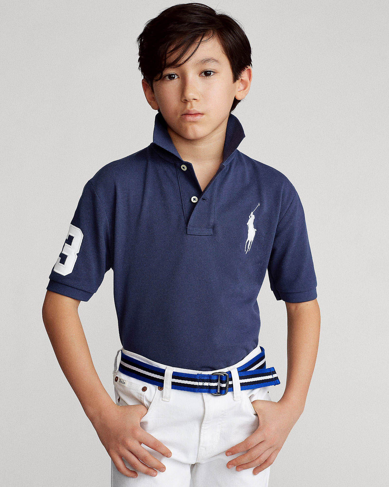 Polo blu Ralph Lauren a maniche corte in cotone con maxi logo pony bianco