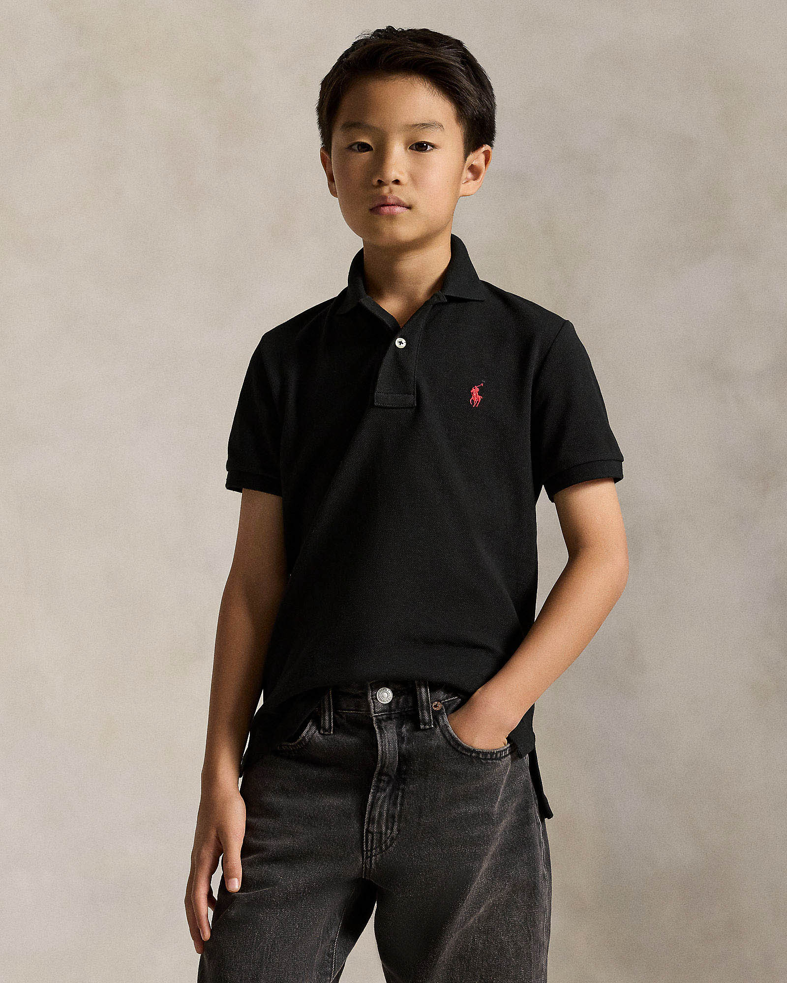 Polo mezza manica nera Polo in piquet di cotone con logo pony rosso