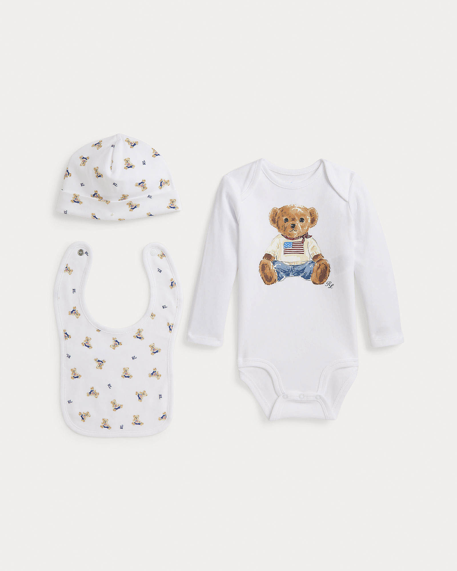 Set tre pezzi Polo Ralph Lauren bianco con fantasia disegni multicolor