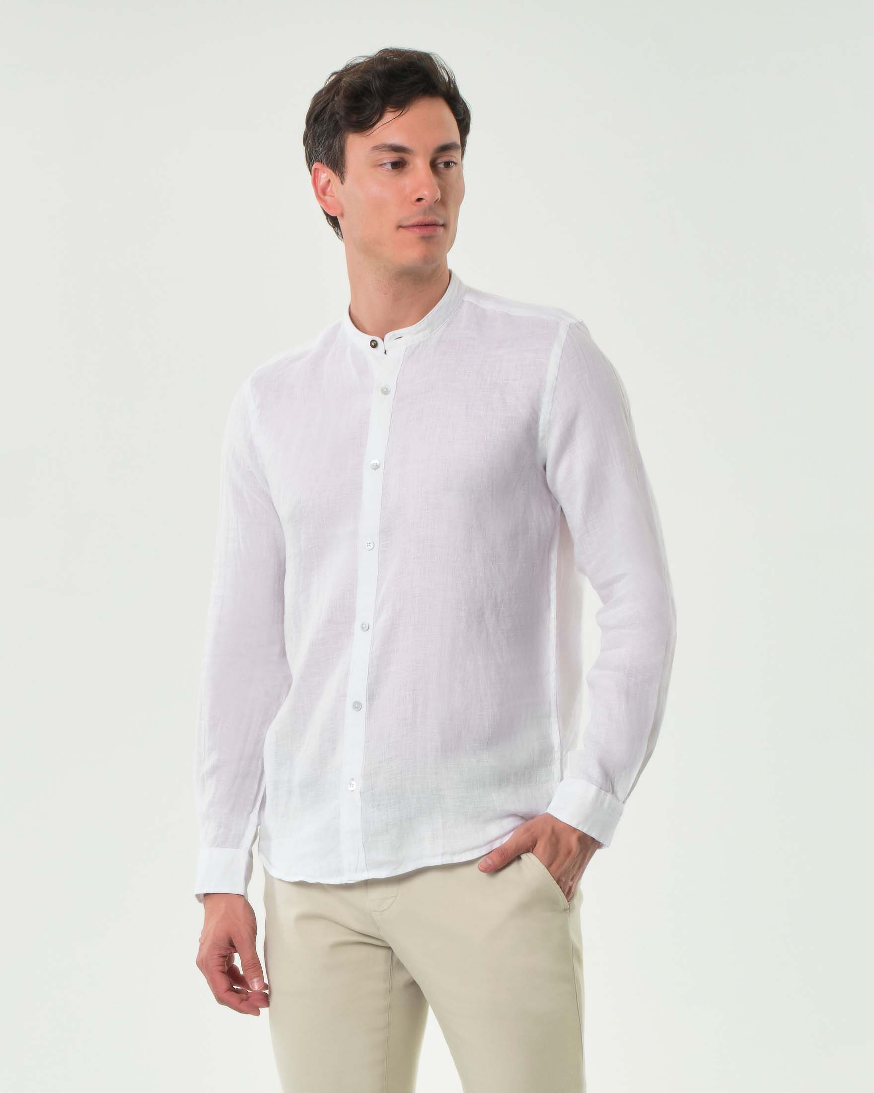 Camicia Alley Docks bianca con colletto alla coreana in puro lino tinto filo