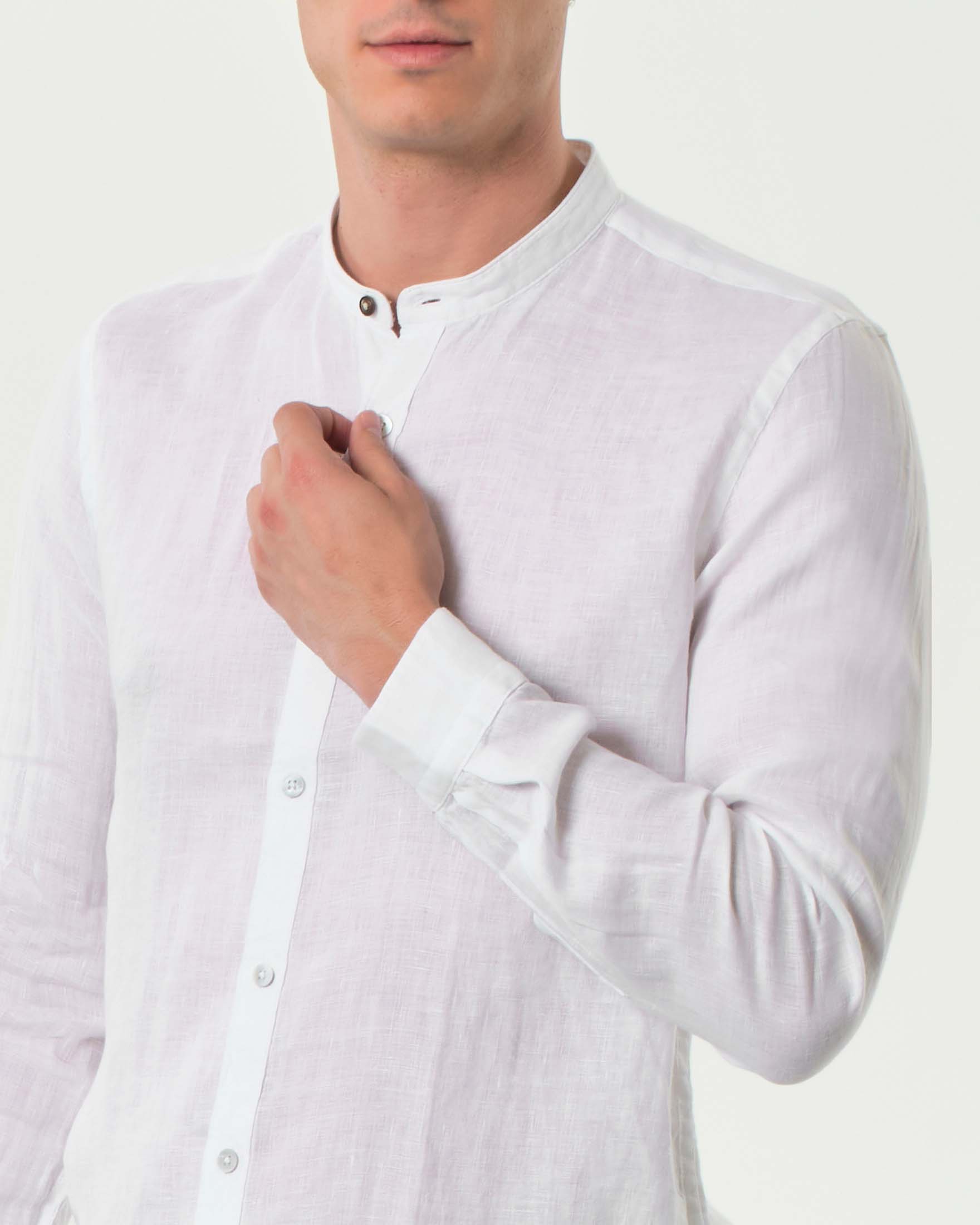 Camicia Alley Docks bianca con colletto alla coreana in puro lino tinto filo image