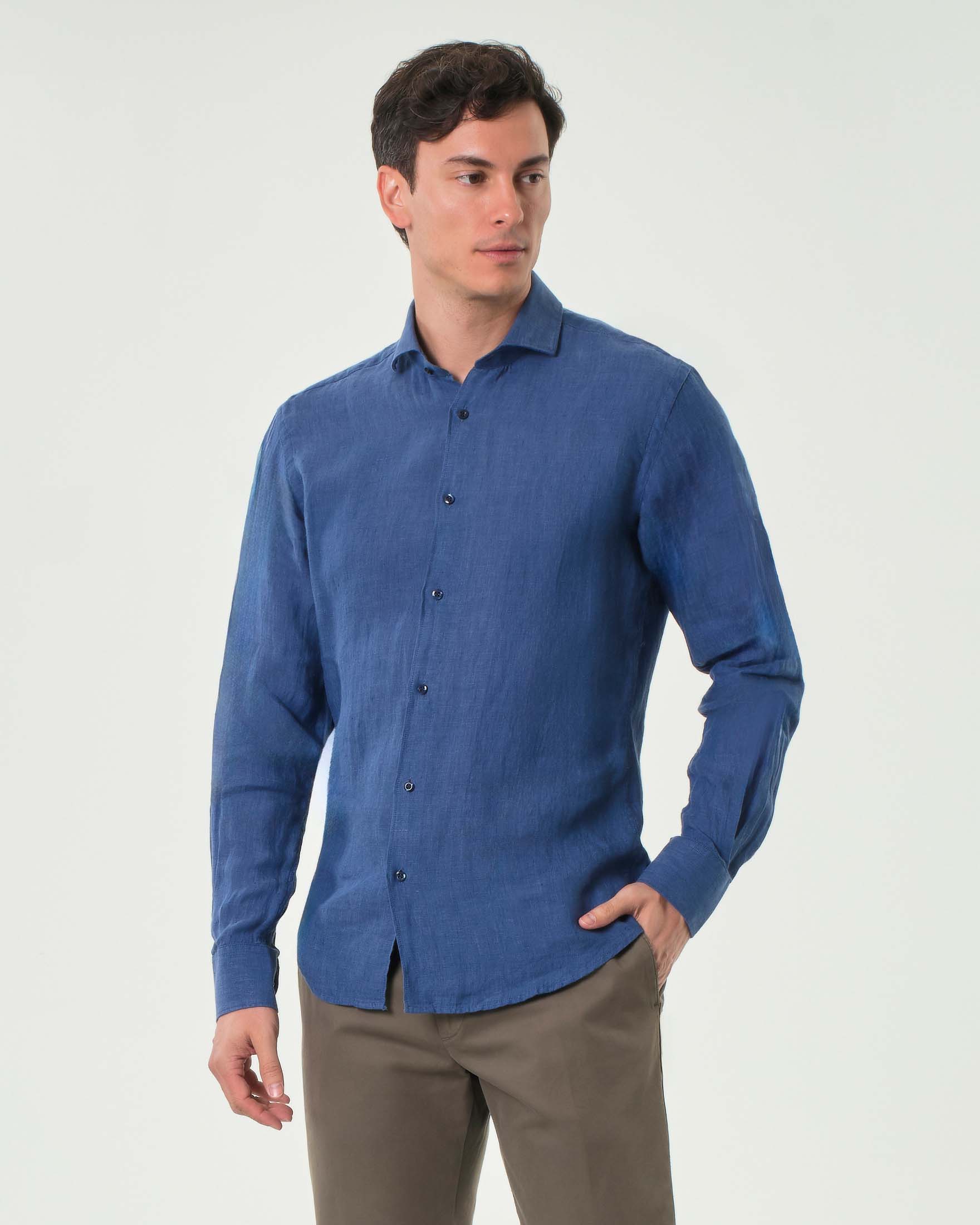Camicia blu indaco Ashki.i in puro lino tinto filo