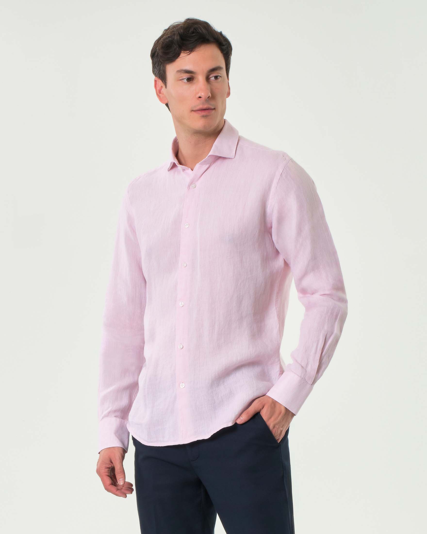 Camicia rosa Ashki.i in puro lino tinto filo