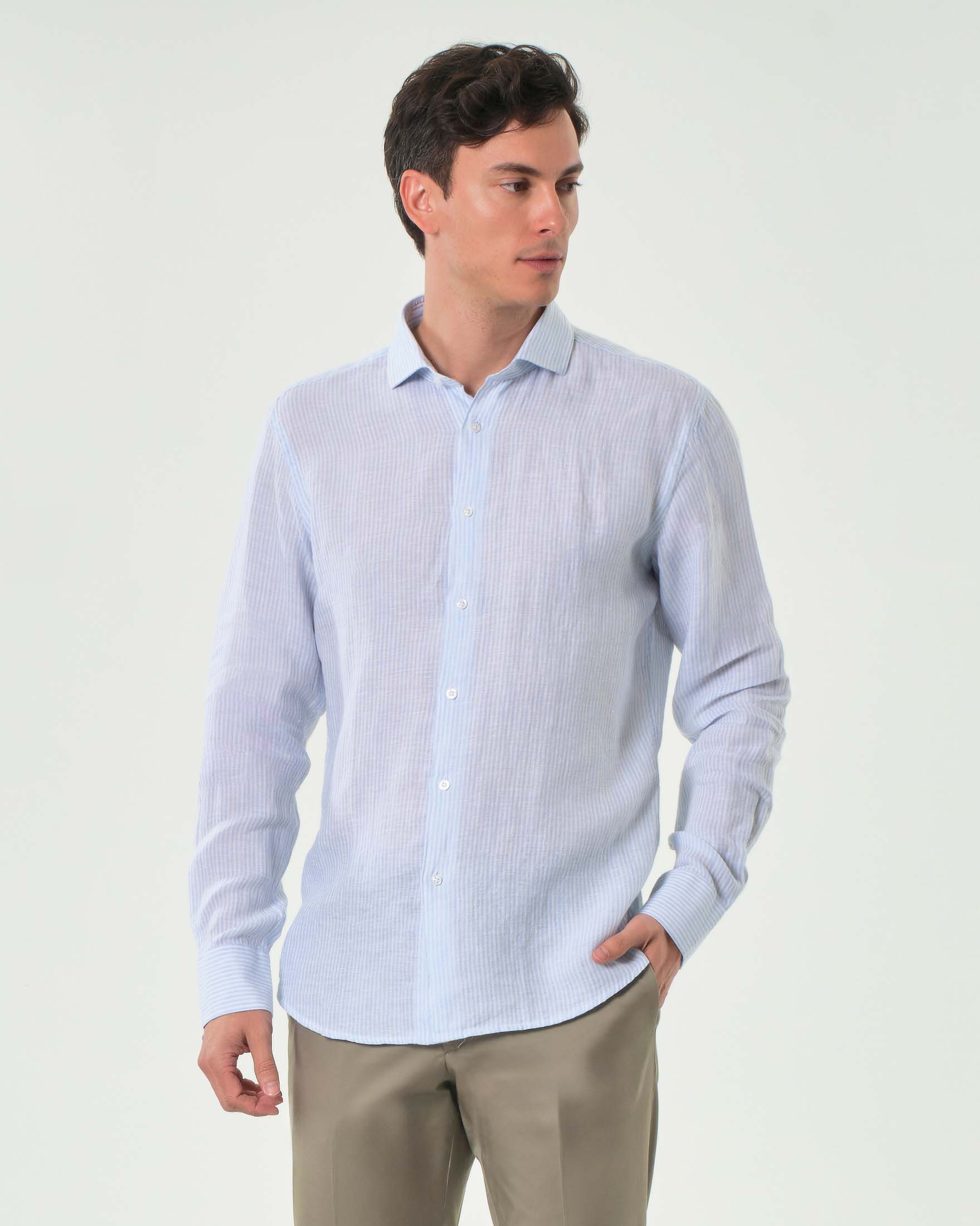 Camicia Ashki.i bastoncino bianco azzurro in puro lino