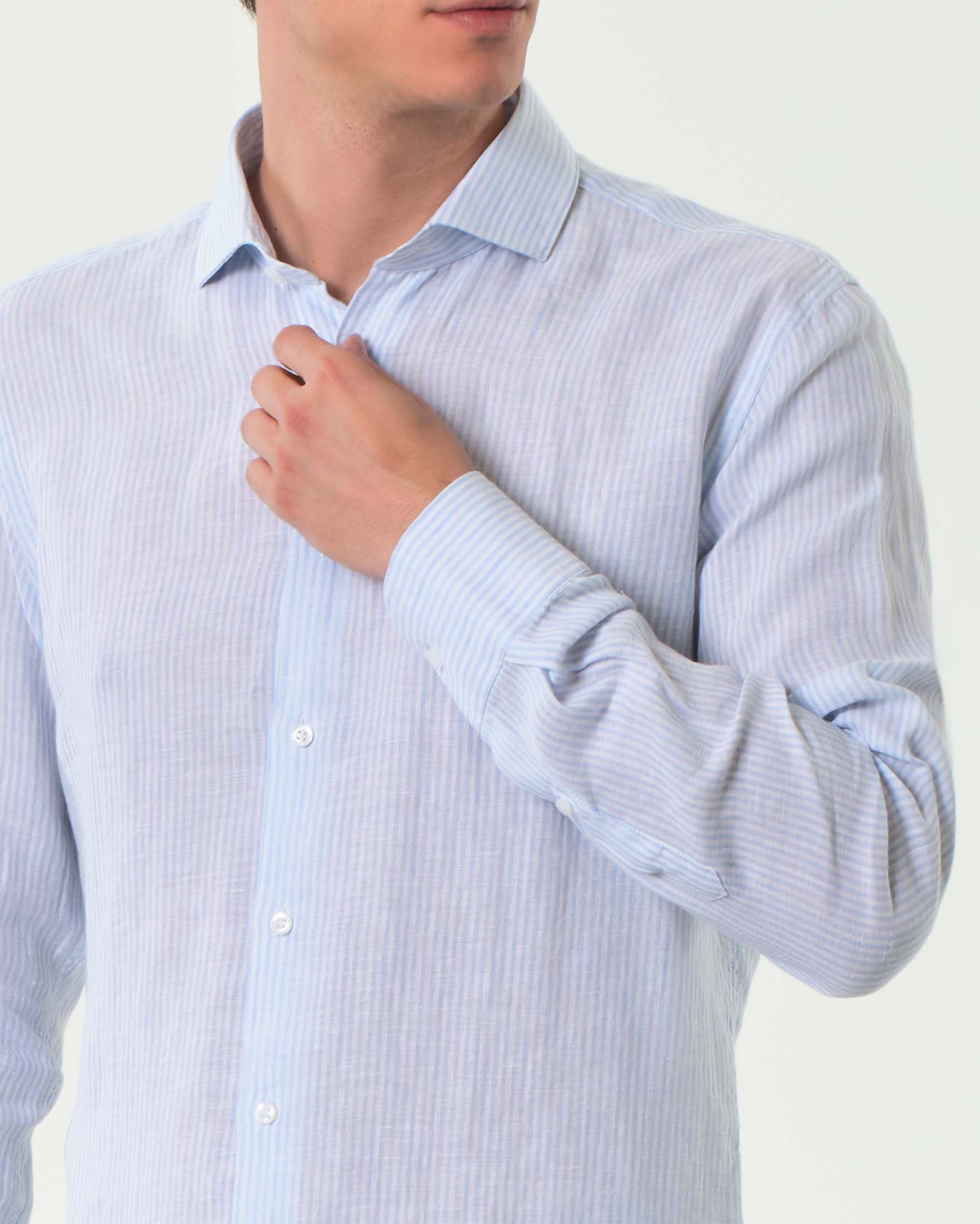 Camicia Ashki.i bastoncino bianco azzurro in puro lino image