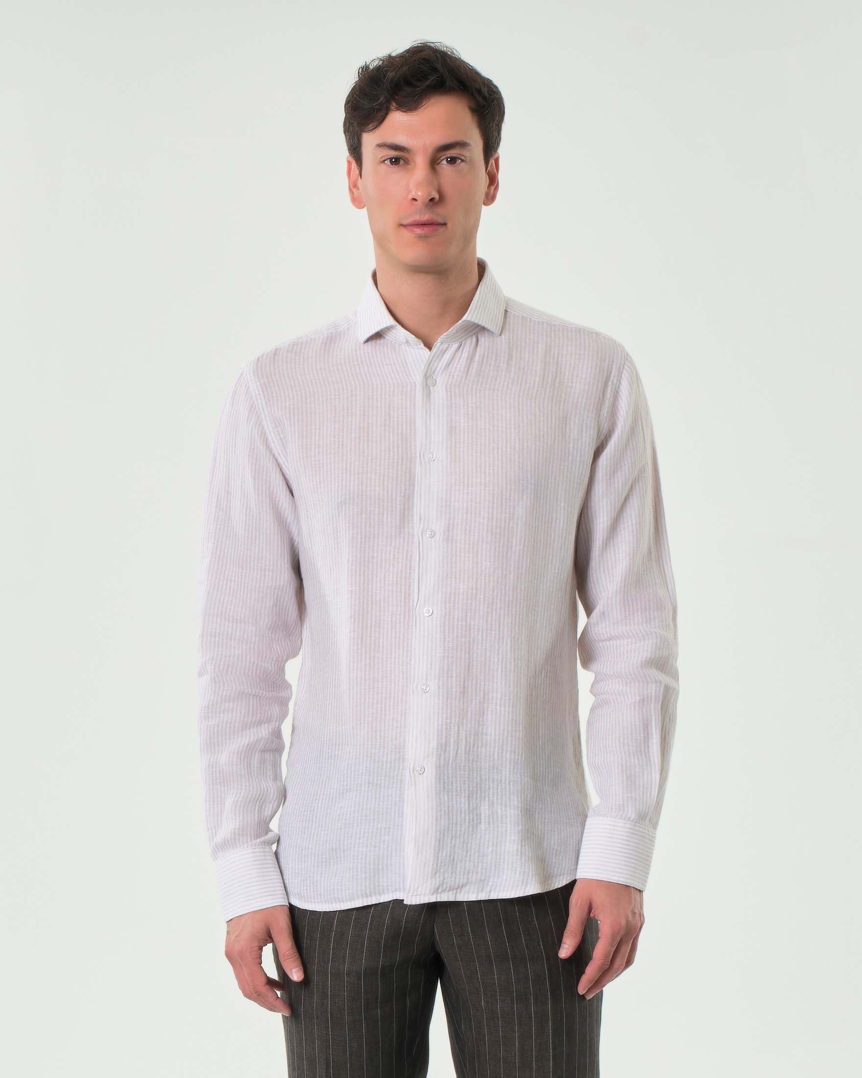 Camicia Ashki.i bastoncino bianco beige in puro lino