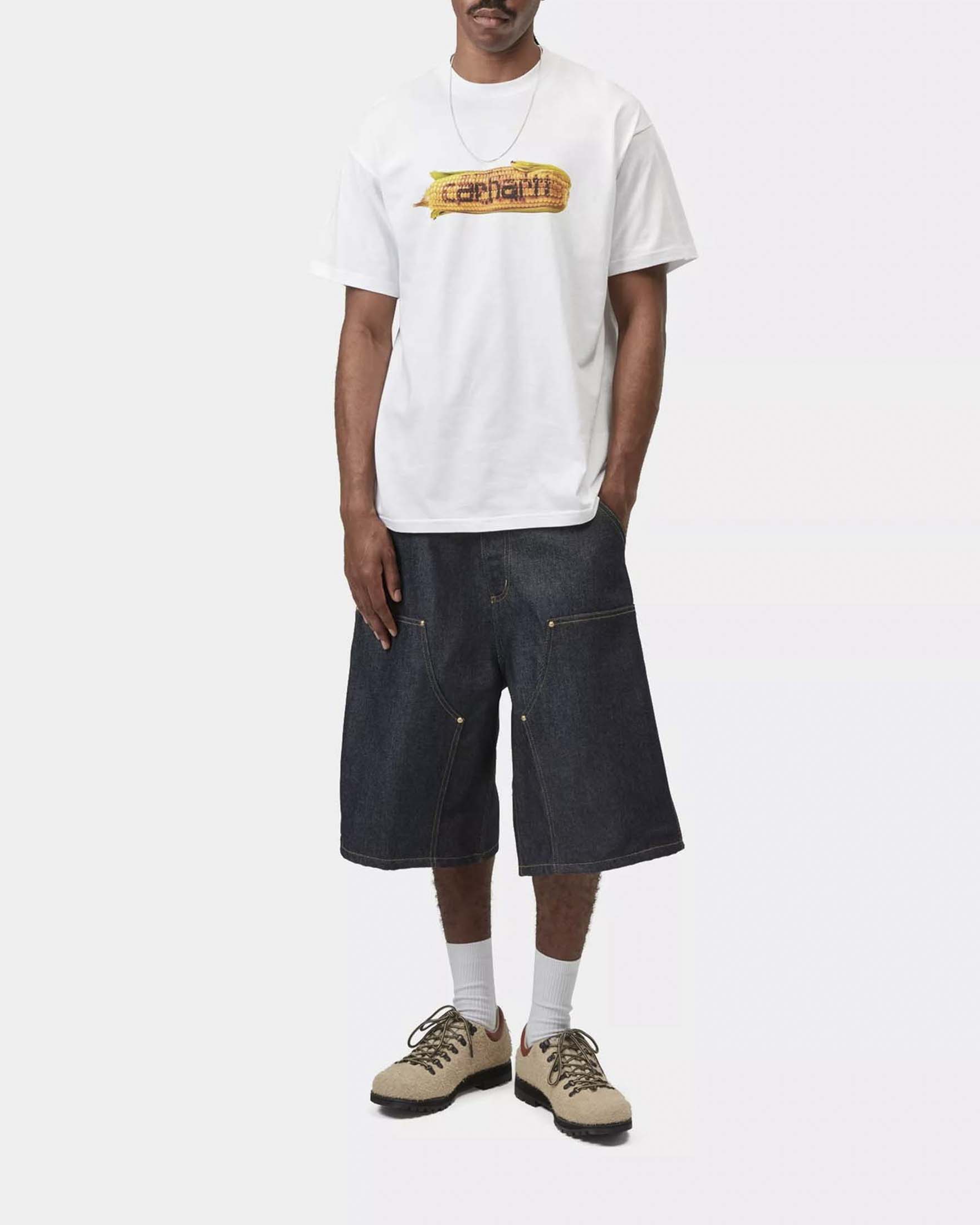 T-shirt bianca mezza manica Hot Cob Carhartt loose-fit in jersey di cotone biologico con stampa grafica pannocchia e logo