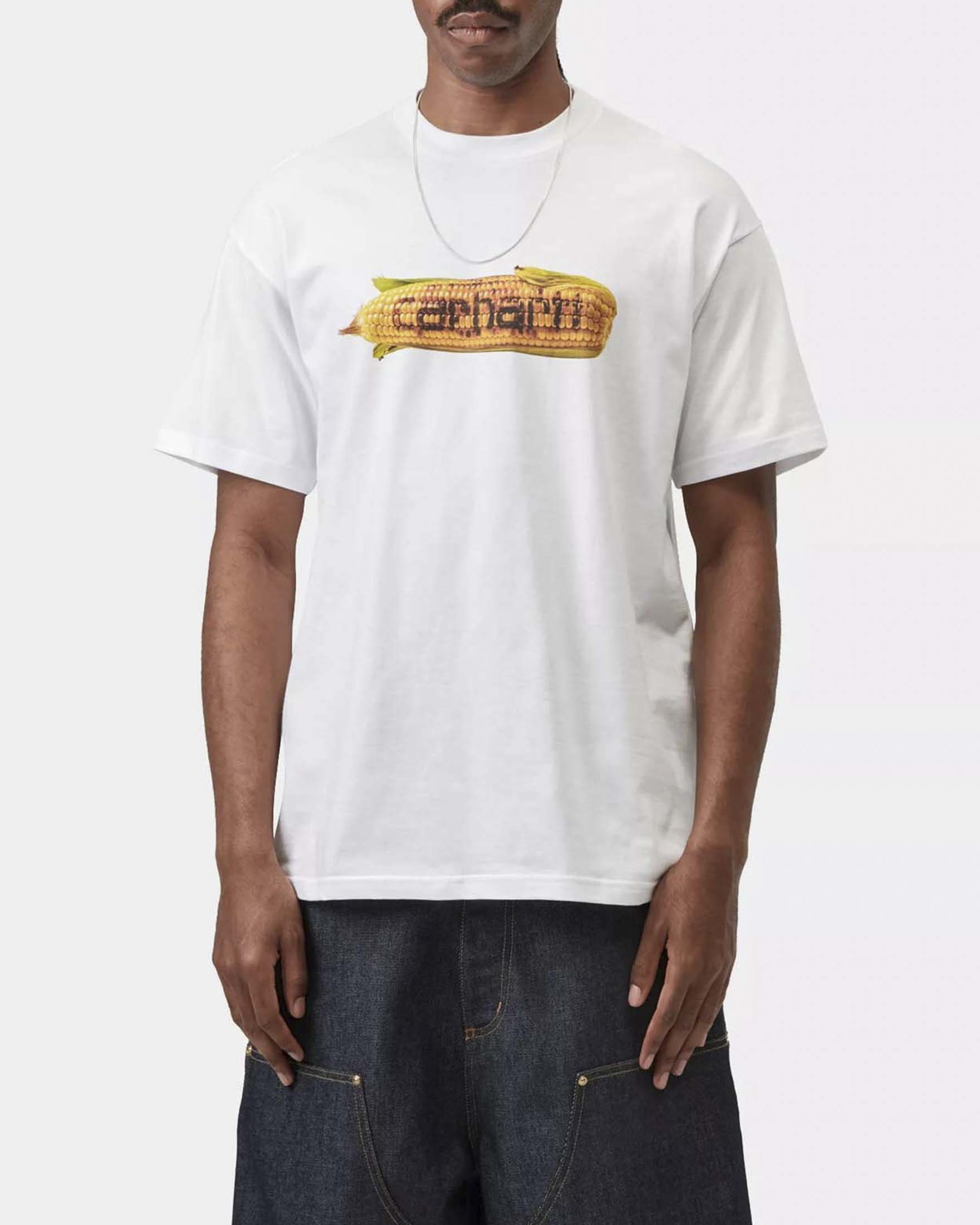 T-shirt bianca mezza manica Hot Cob Carhartt loose-fit in jersey di cotone biologico con stampa grafica pannocchia e logo image