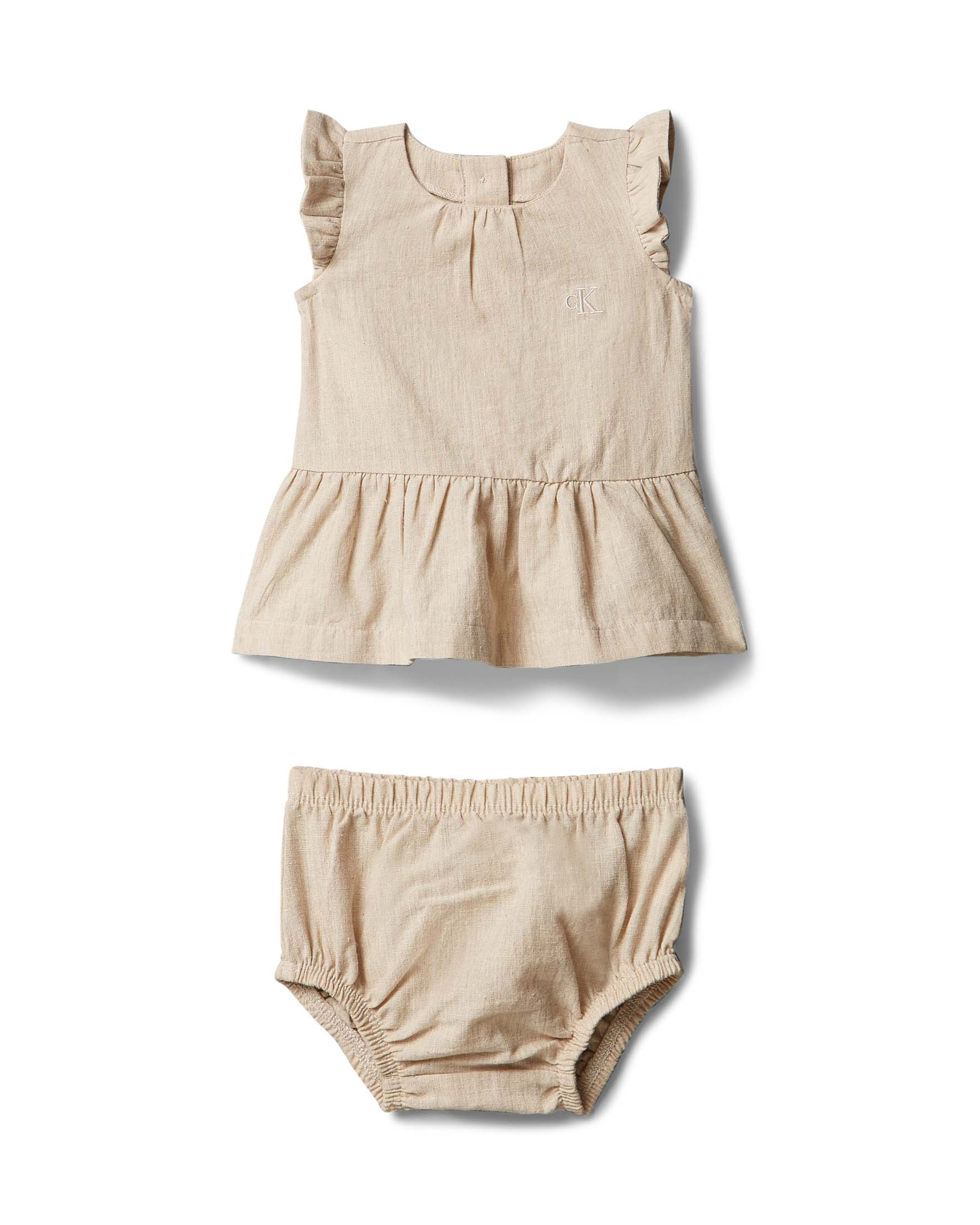 Abito beige in simil lino con volant e culotte