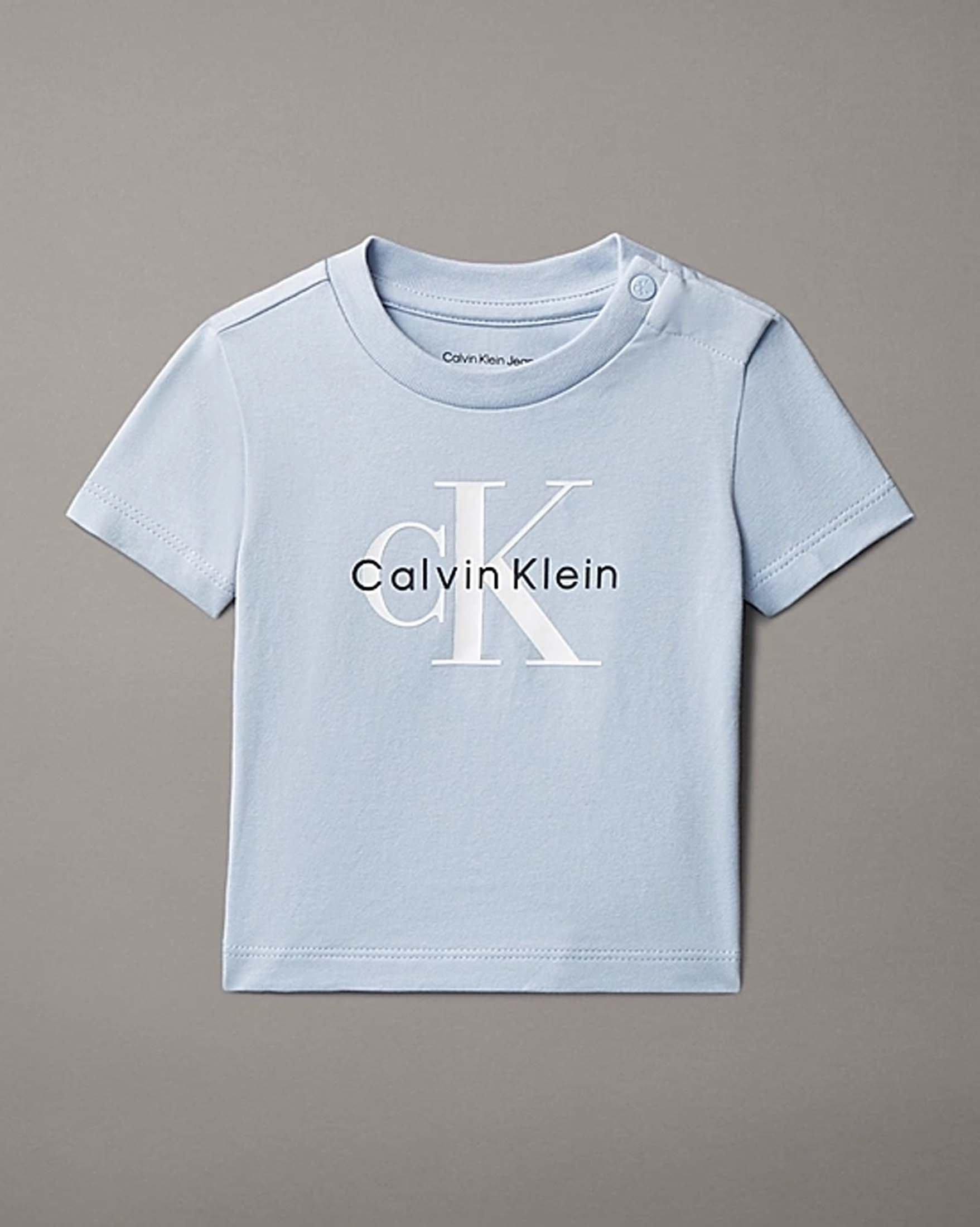 T-shirt Calvin Klein azzurra in cotone stretch a maniche corte con logo monogram