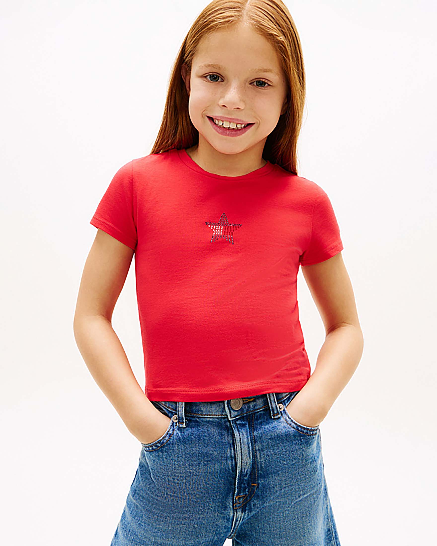 T-shirt cropped rossa Tommy Hilfiger con logo stella con strass