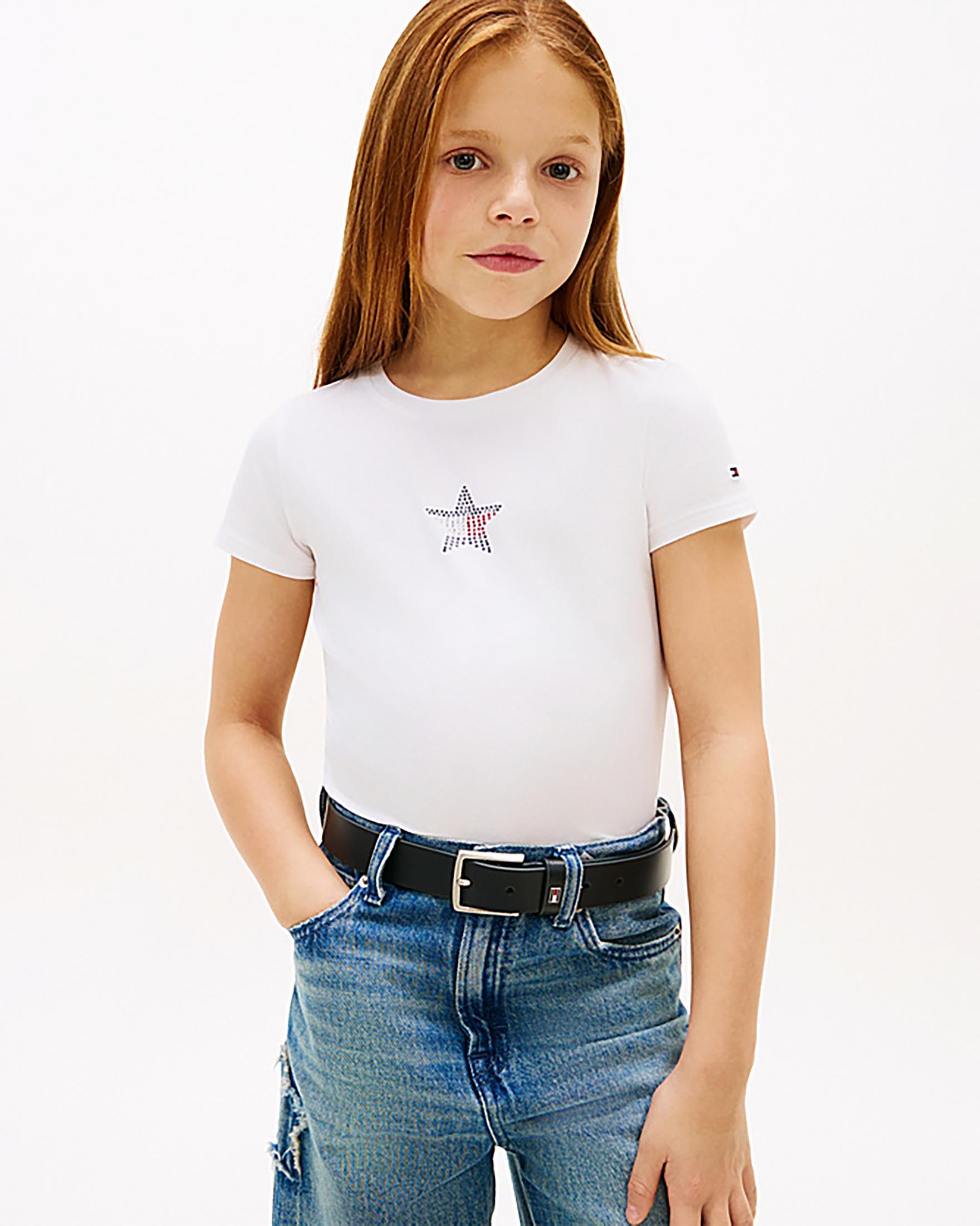 T-shirt cropped bianca Tommy Hilfiger con logo stella con strass