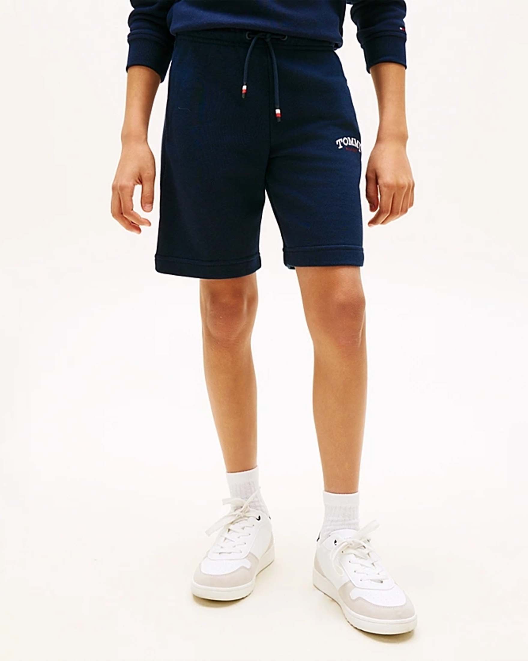 Bermuda blu Tommy Hilfiger in felpa di cotone stretch e scritta logo bianca