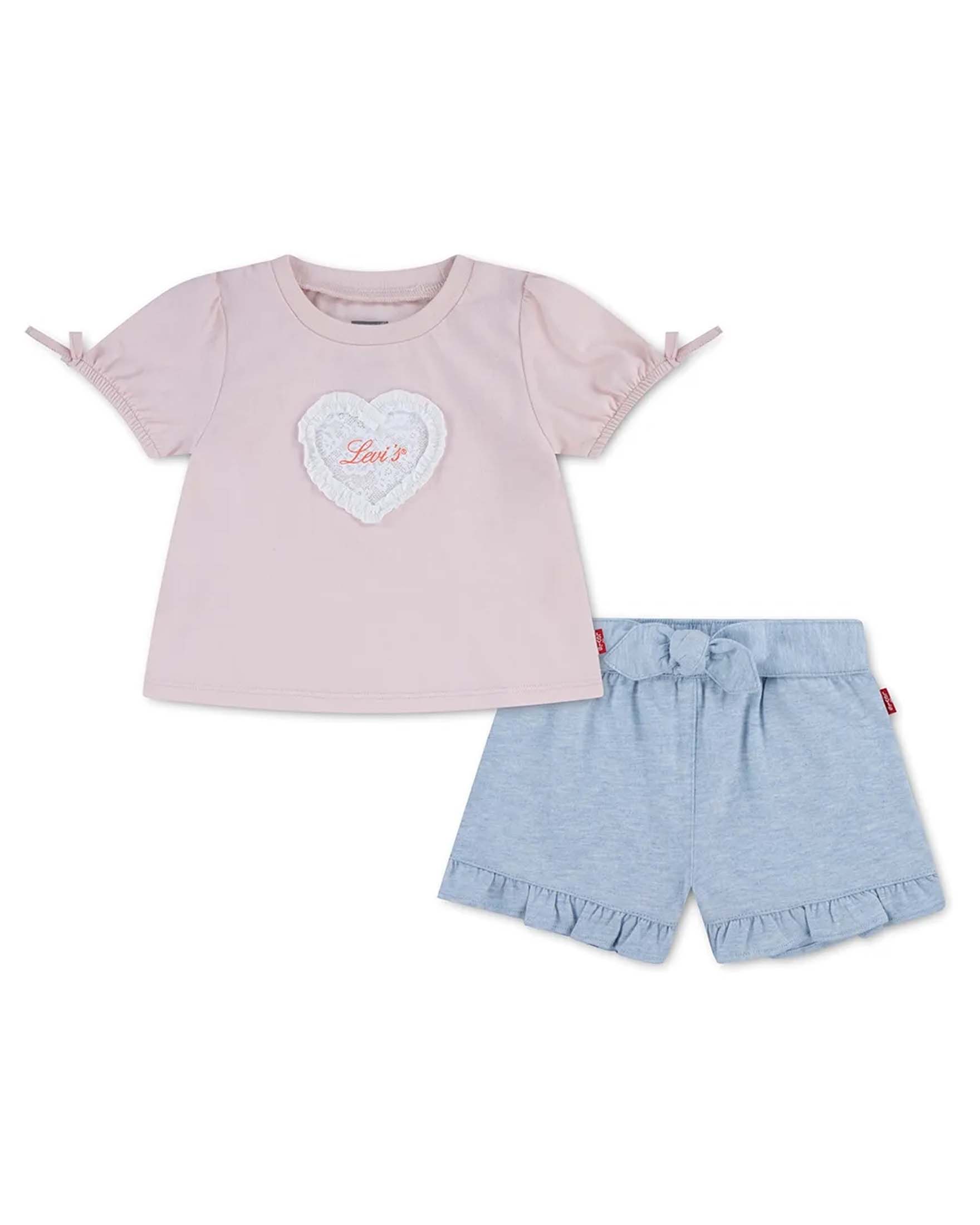 Completo t-shirt e short Levi's rosa e azzurro con cuore in pizzo