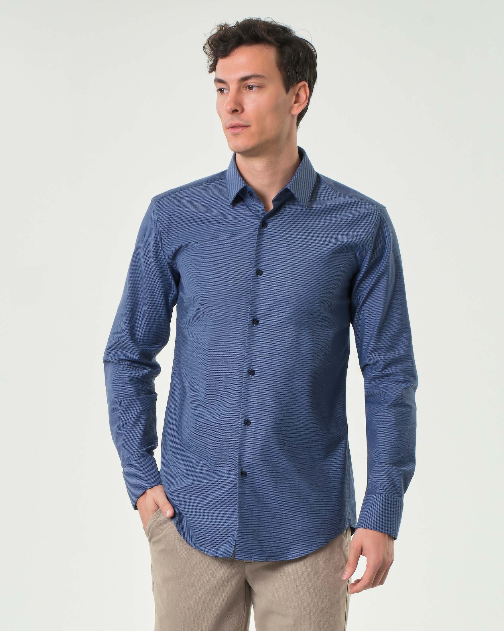 Camicia blu indaco Hank slim fit in cotone stretch armaturato con colletto Kent