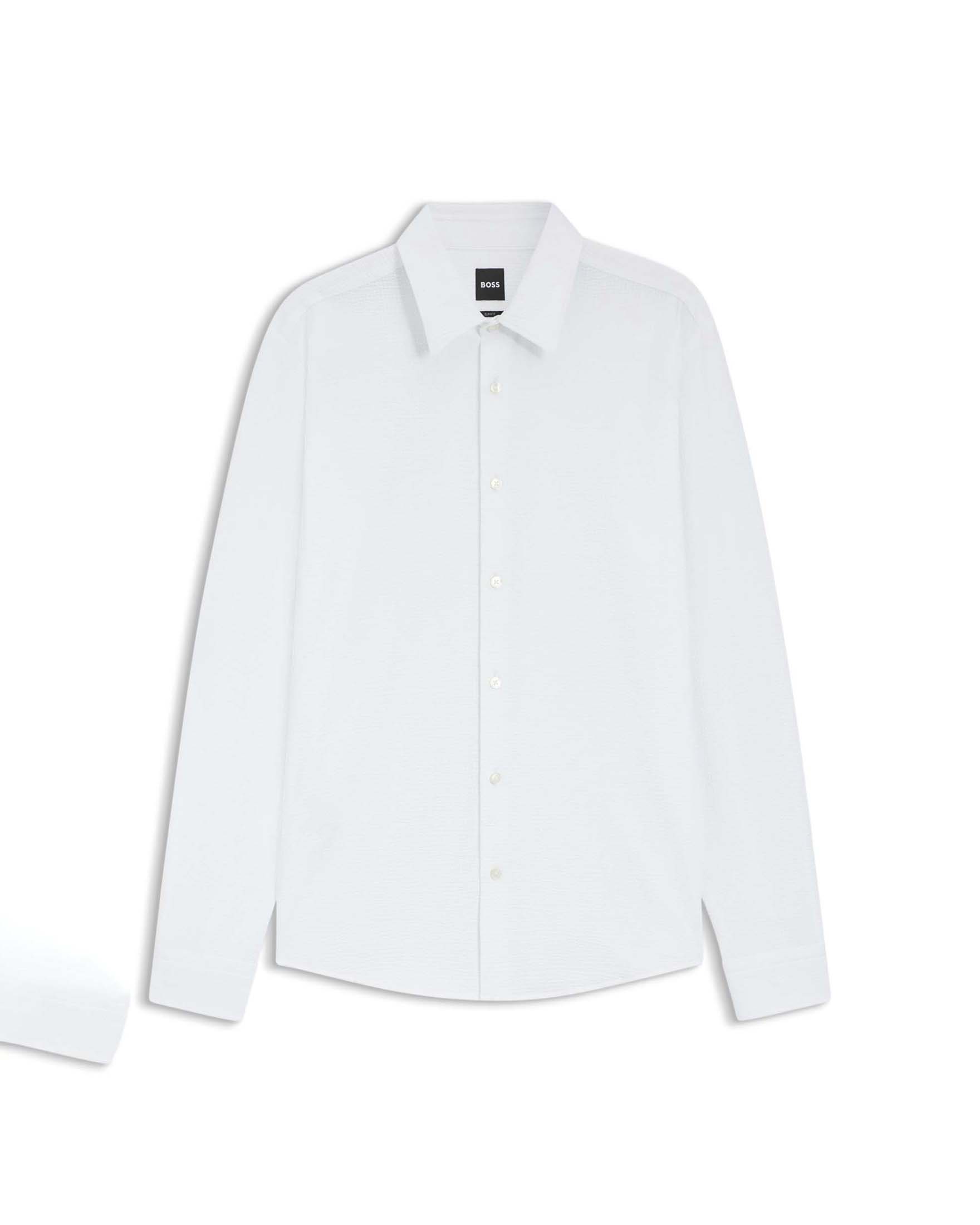 Camicia bianca Roan slim fit in tessuto tecnico seersucker stretch con colletto Kent