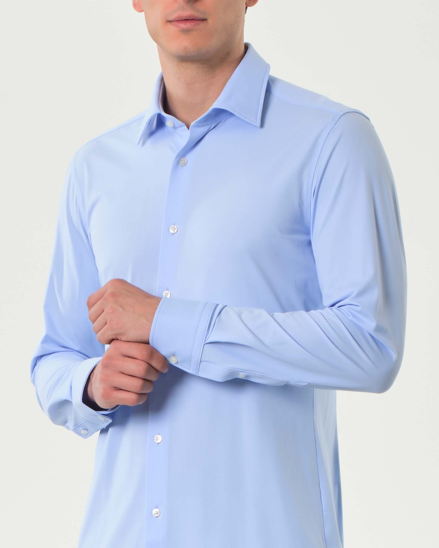 Camicia Boss azzurra Hank slim fit in tessuto tecnico stretch con colletto Kent image