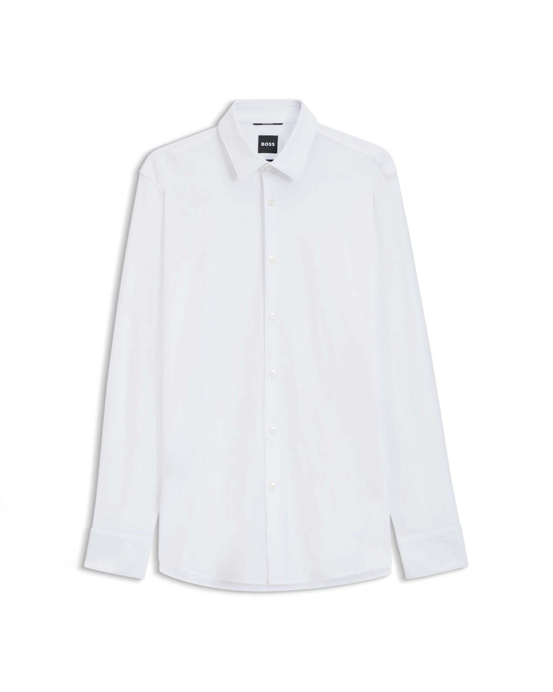 Camicia Boss bianca Spread slim fit in tessuto tecnico stretch con colletto aperto alla francese