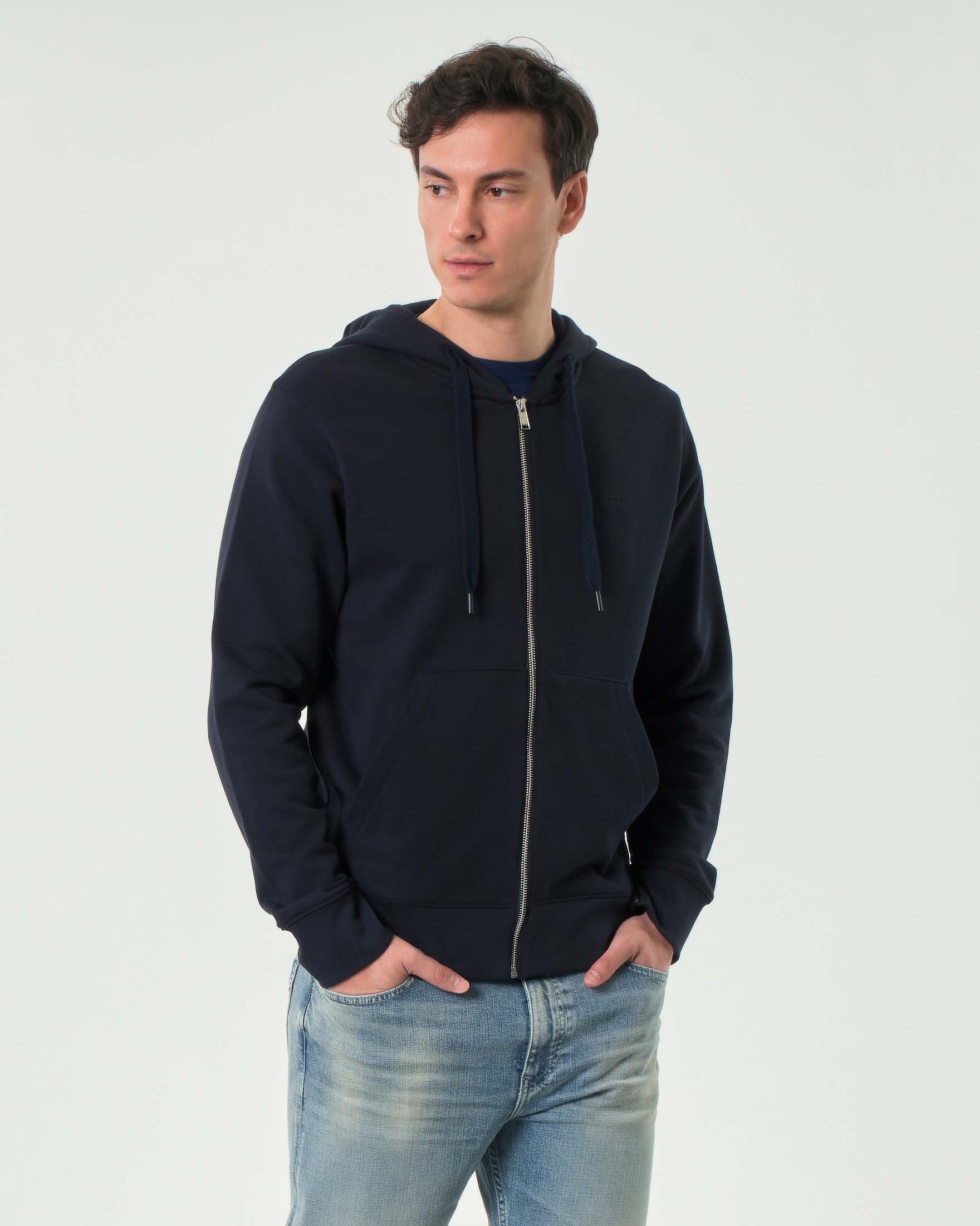 Felpa Boss blu con cappuccio e chiusura zip in puro cotone