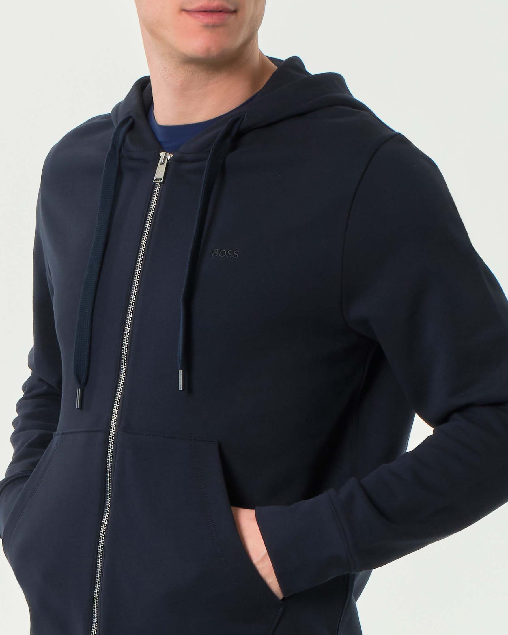 Felpa Boss blu con cappuccio e chiusura zip in puro cotone image