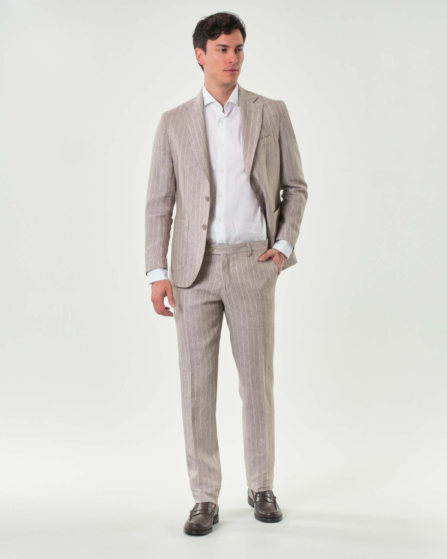 Abito Colamarino sfoderato drop 7 in tela di lino beige gessato