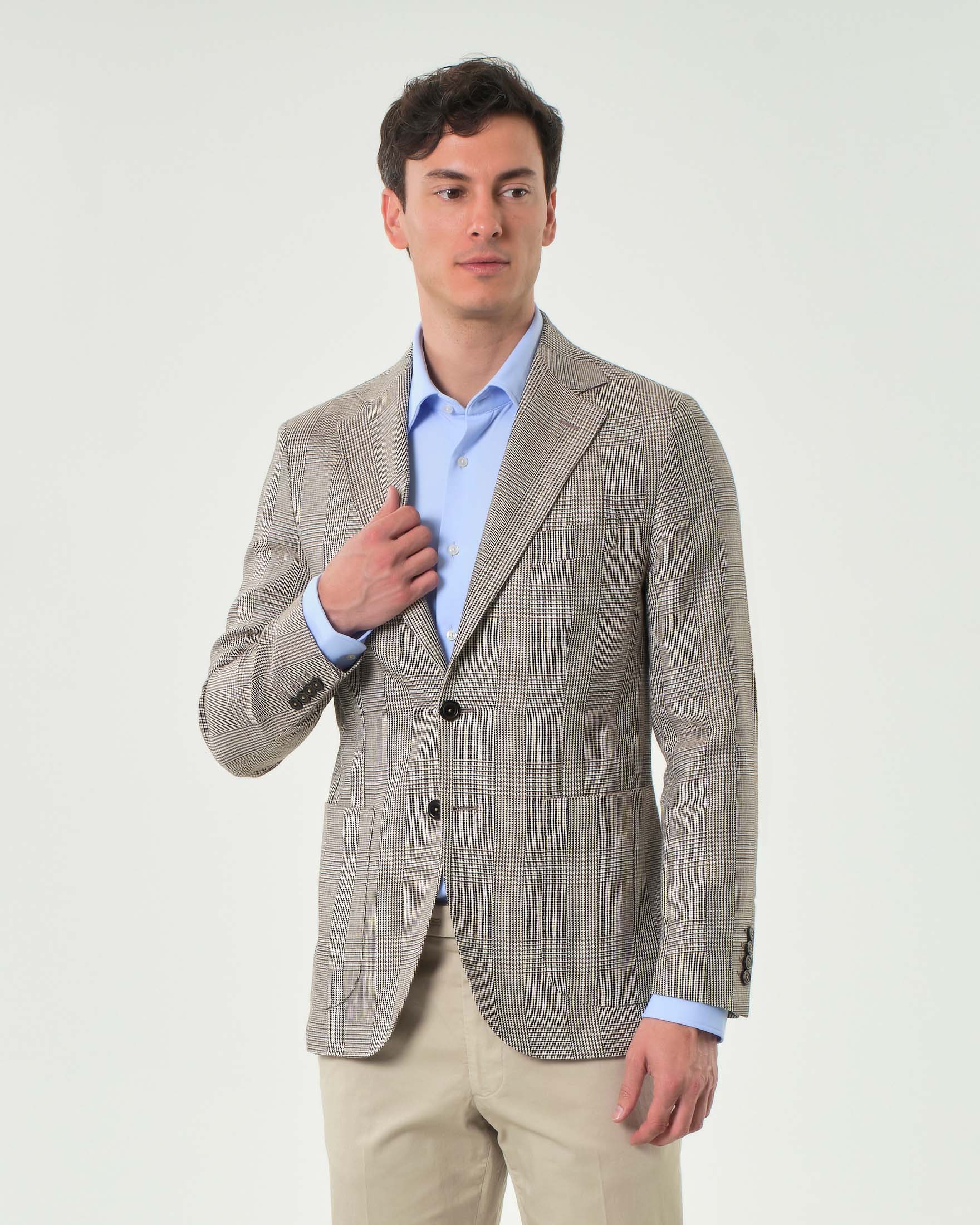 Blazer Colamarino color noce drop 7 in misto cotone e lino principe di Galles