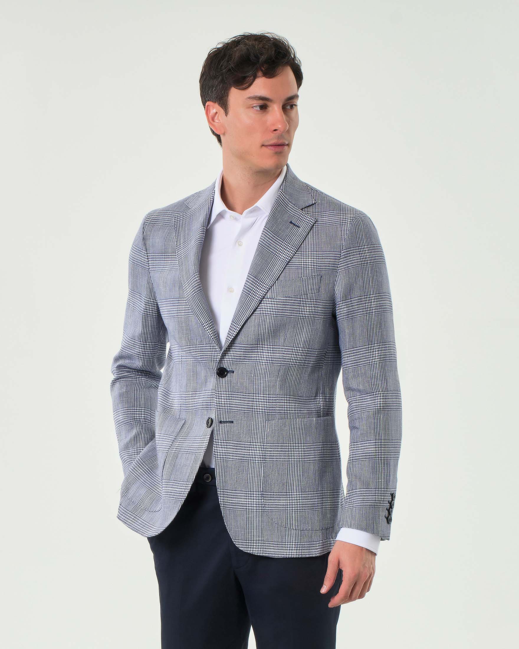 Blazer Colamarino blu drop 7 in misto cotone e lino principe di Galles