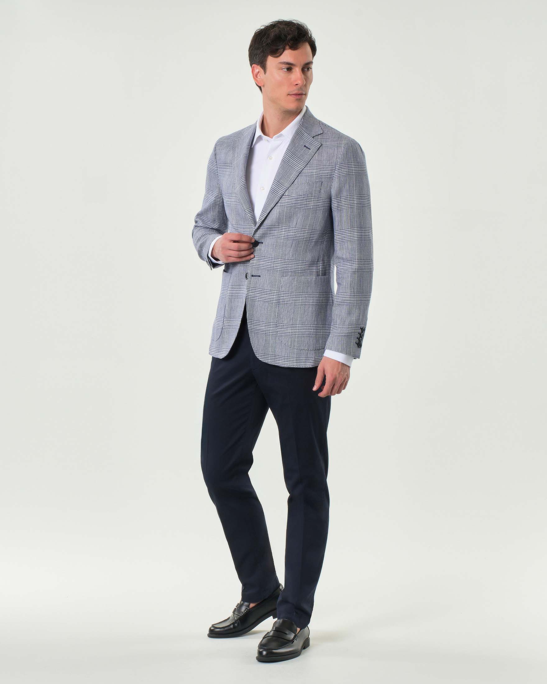 Blazer Colamarino blu drop 7 in misto cotone e lino principe di Galles image