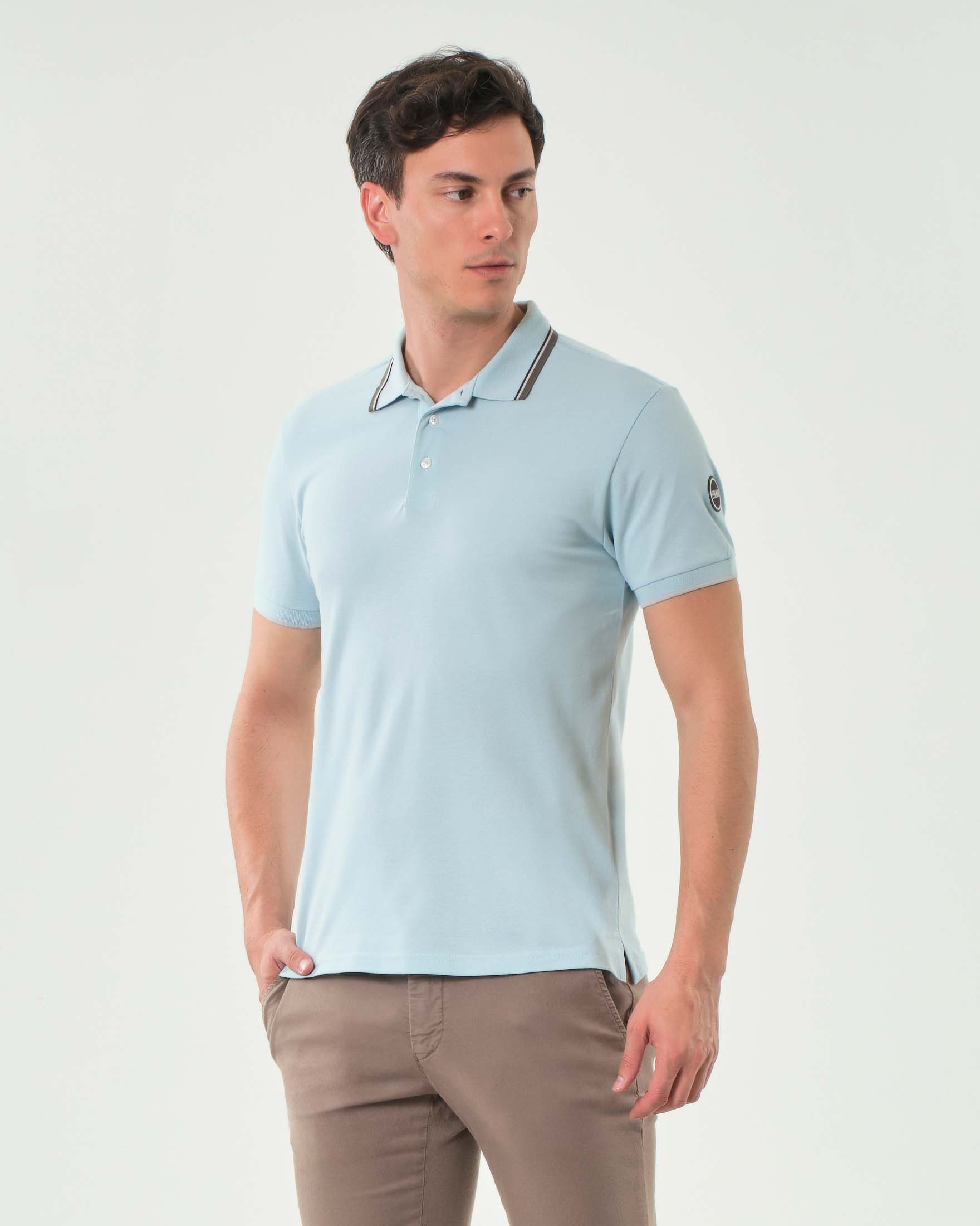 Polo azzurra mezza manica Colmar Originals in piquè di cotone stretch con bordino grigio bianco e bordeaux