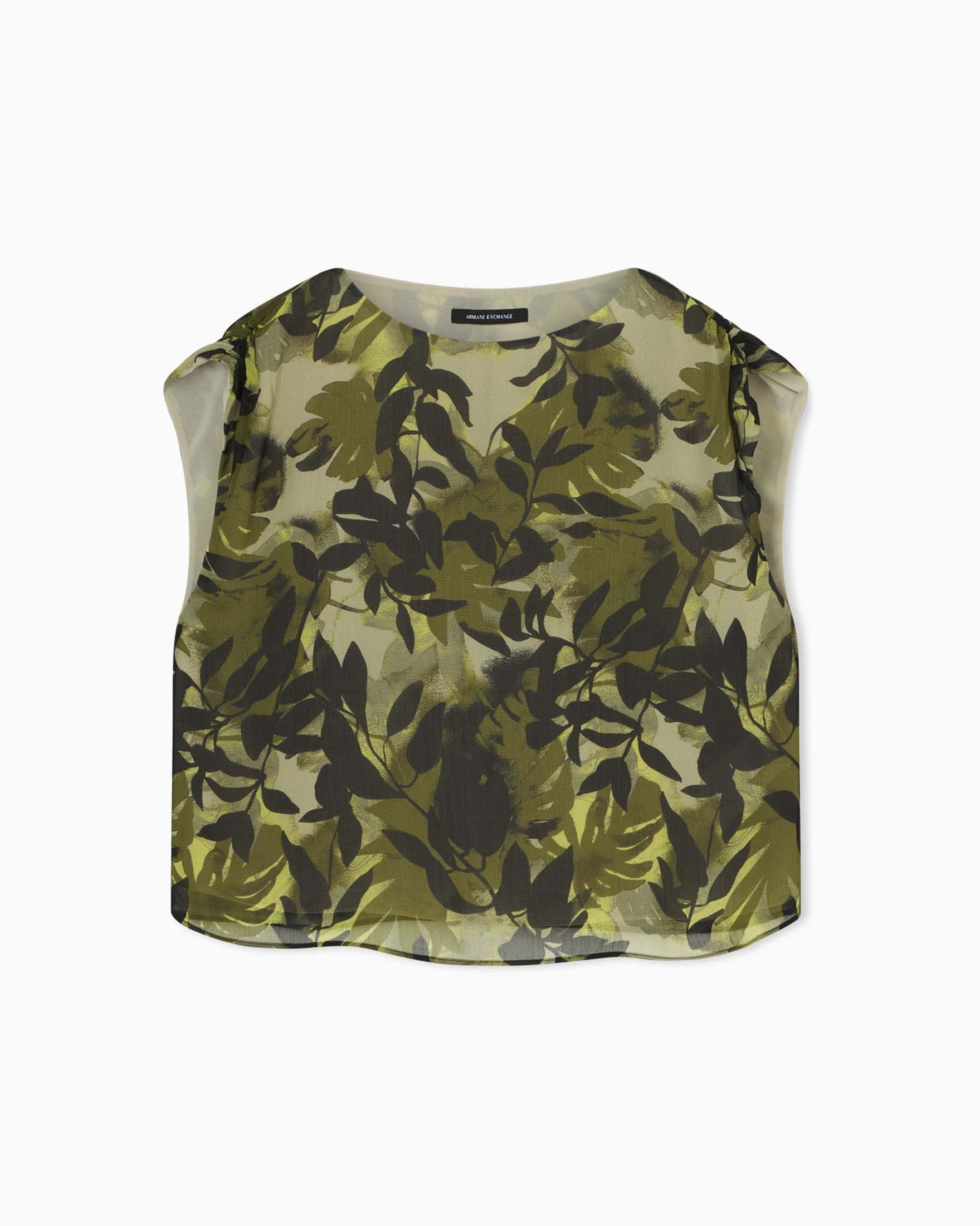 Blusa smanicata crop Exchange verde in viscosa con stampa a foglie